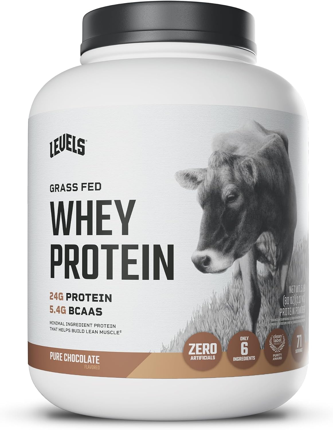 Levels Whey Protein Powder, No Artificial Ingredients, Pure Chocolate, 5LB | 24G of Protein, 5.4G BCAAs, Clean Ingredients, Hormone Free Dairy, No Fillers, No Added Sugar, No Junk