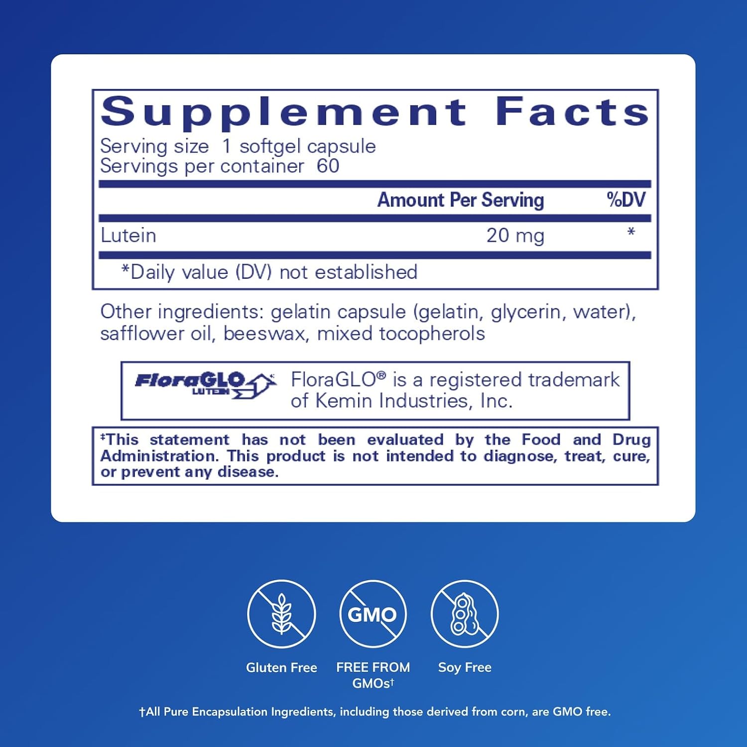 Pure Encapsulations Lutein 20 mg | Hypoallergenic Antioxidant Support for Healthy Visual Function* | 60 Softgel Capsules | Hypoallergenic Antioxidant Support for Healthy Visual Function*, Macular Health