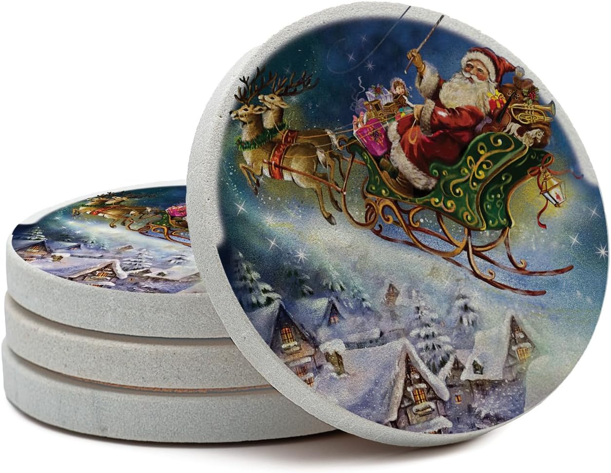 Thirstystone Santa’s Sleigh Natural Sandstone Coaster 4 Pack Eco-Friendly, Absorbent, Easily Wipes Clean | 4" Diameter, Manufactured in the USA