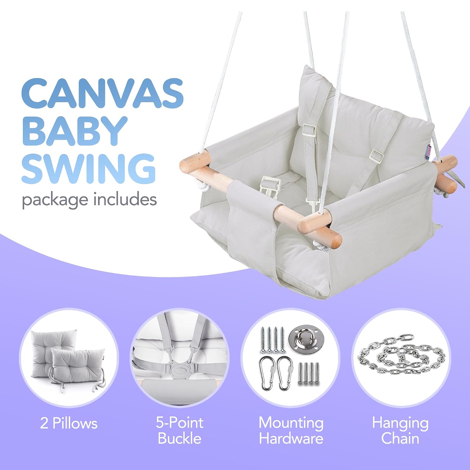 CaTeam Canvas Baby Swing Seat with 5-Point Safety Belt — Wooden Hanging Toddler Swing, Indoor & Outdoor, Ages 1-4, Ceiling Mount Hardware Included