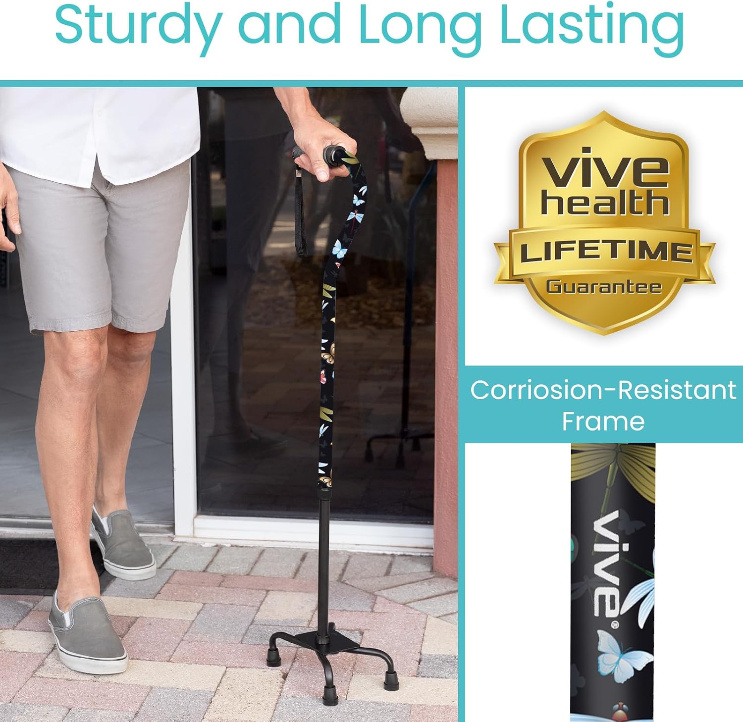 Vive Quad Cane - Walking Stick for Men and Women - Lightweight Adjustable Staff - Comfortable Right and Left Hand Grip for Stability Support - Four Prong Sturdy Aluminum Travel Aid - 4 Tip Blue | Senior 4 Prong Walking Stick for Stability & Balance- Righ…