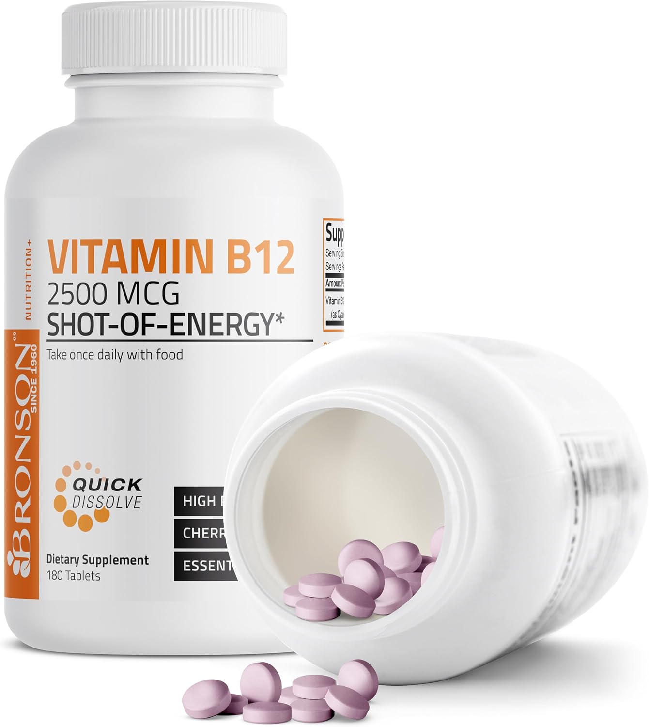 Vitamin B12 2500mcg Shot of Energy Fast Dissolve Chewable Tablets - Quick Release Cherry Flavored Sublingual B12 Vitamin - Supports Nervous System, Healthy Brain Function Energy Production – 90 Count