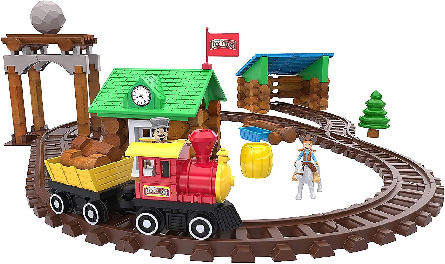 LINCOLN LOGS-Sawmill Express Train - 101 Parts - Real Wood Logs - Buildable Train Track-Ages 3+ - Best Retro Building Gift Set for