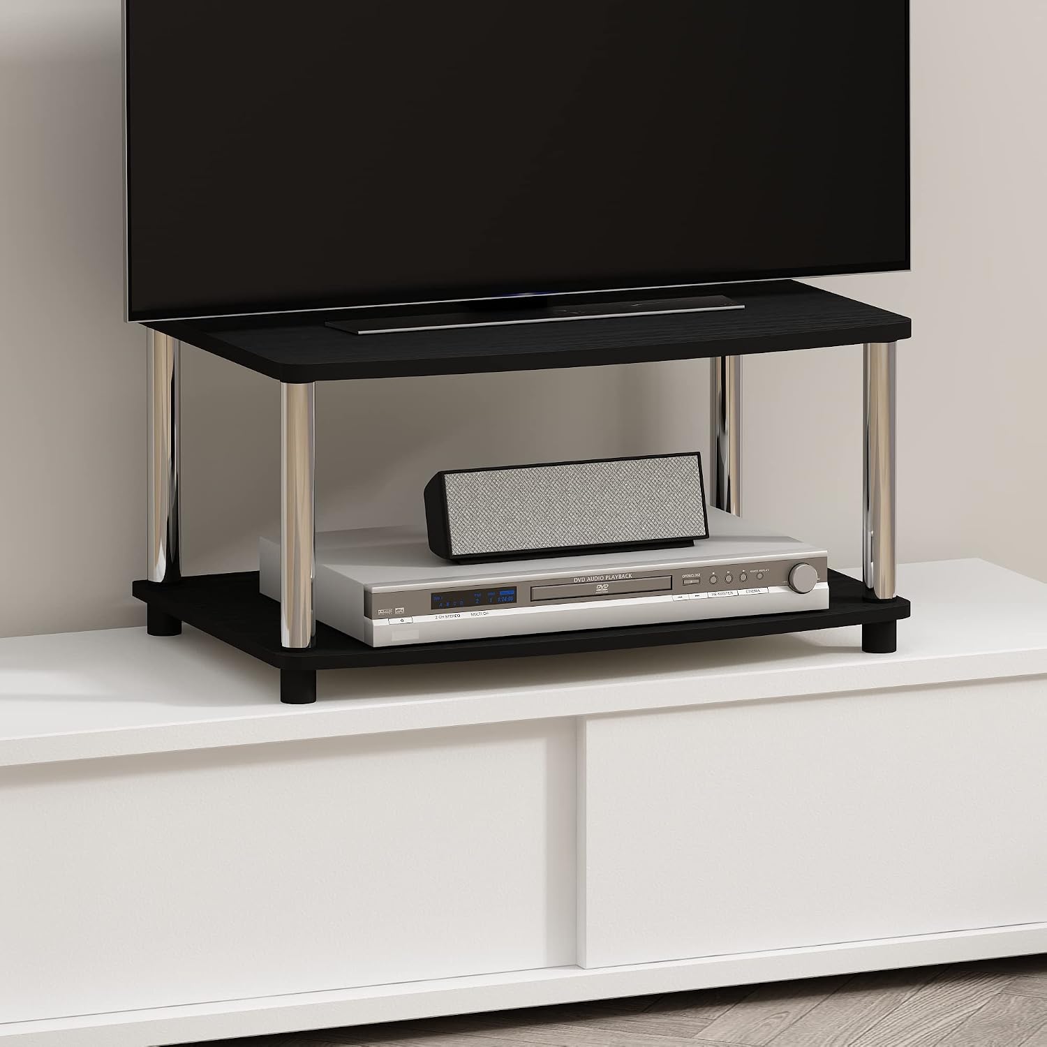 Furinno Turn-N-Tube TV Riser Stand, 2-Tier Small Elevated No Tools TV Stand, TV Console for TV up to 32 inch, 15.8 x 23.8 x 11, for Living Room, Bedroom, French Oak/Black