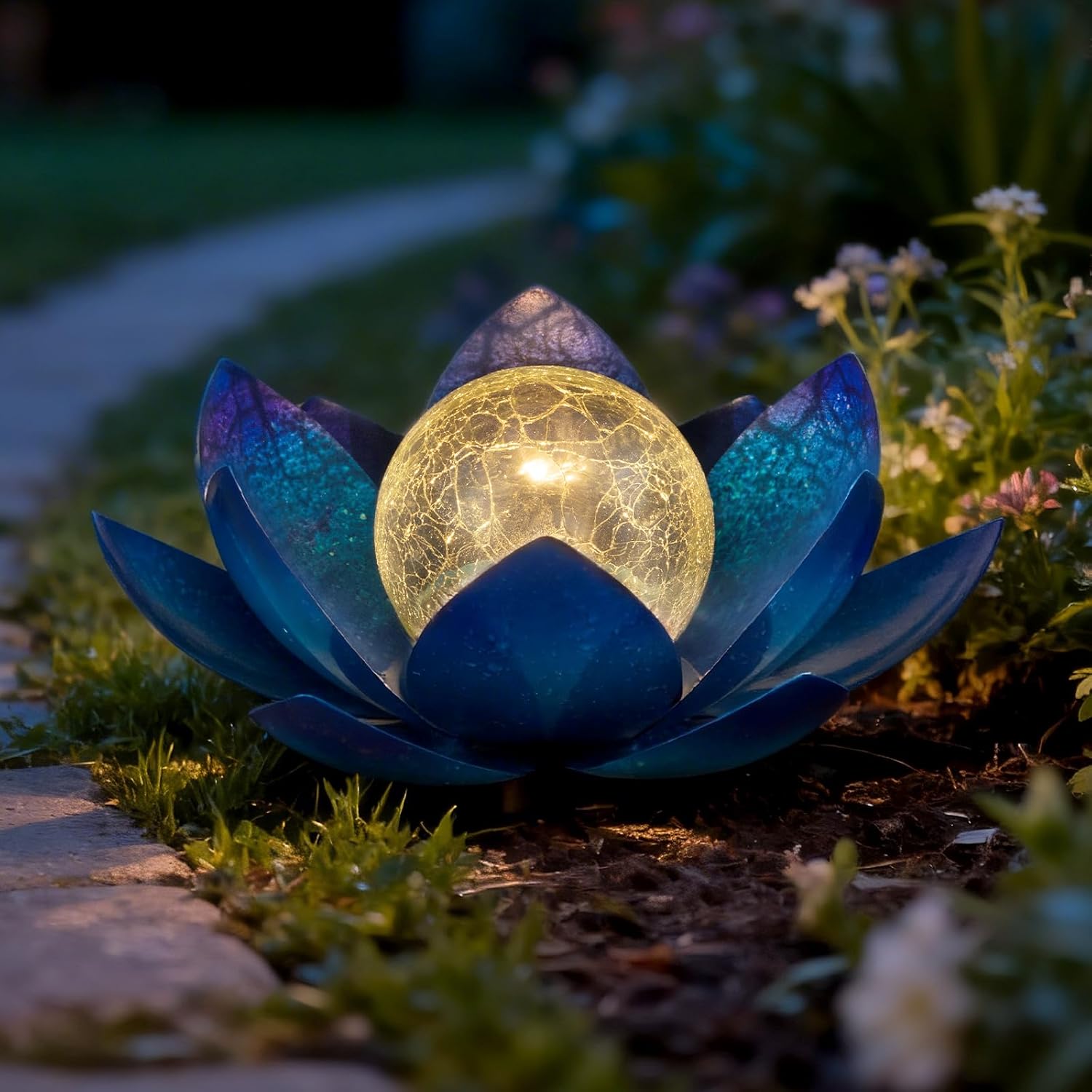 Huaxu Solar Lights Outdoor Garden, Crackle Globe Glass Lotus Decor, Waterproof LED Metal Flower Decorations for Patio,Lawn,Walkway,Tabletop,Ground