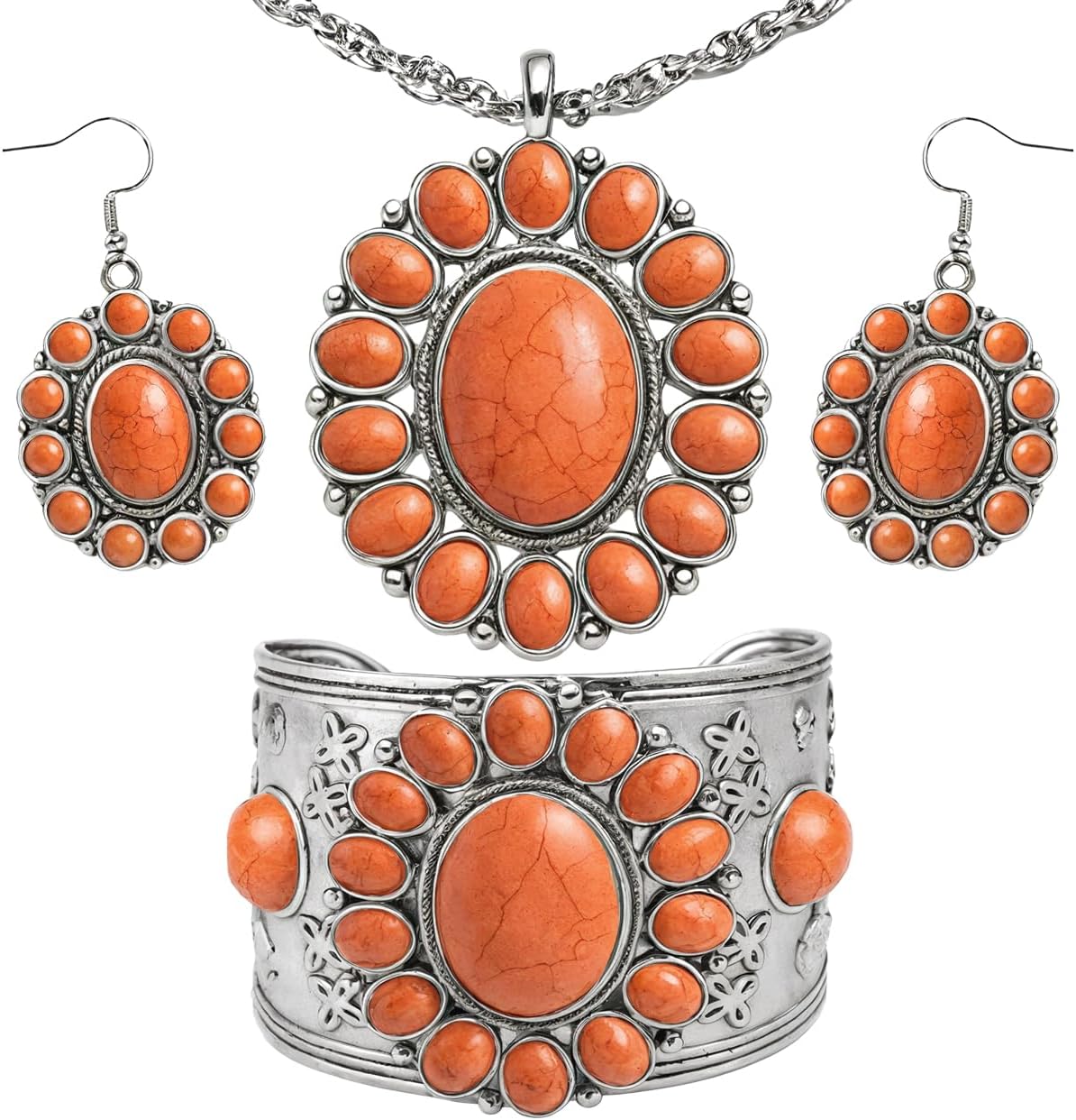 Shop LC Howlite Western Jewelry Set for Women Boho Cowgirl | 3-Piece Necklace Bracelet Earrings, Turquoise-Inspired, Chunky Statement, Southwestern