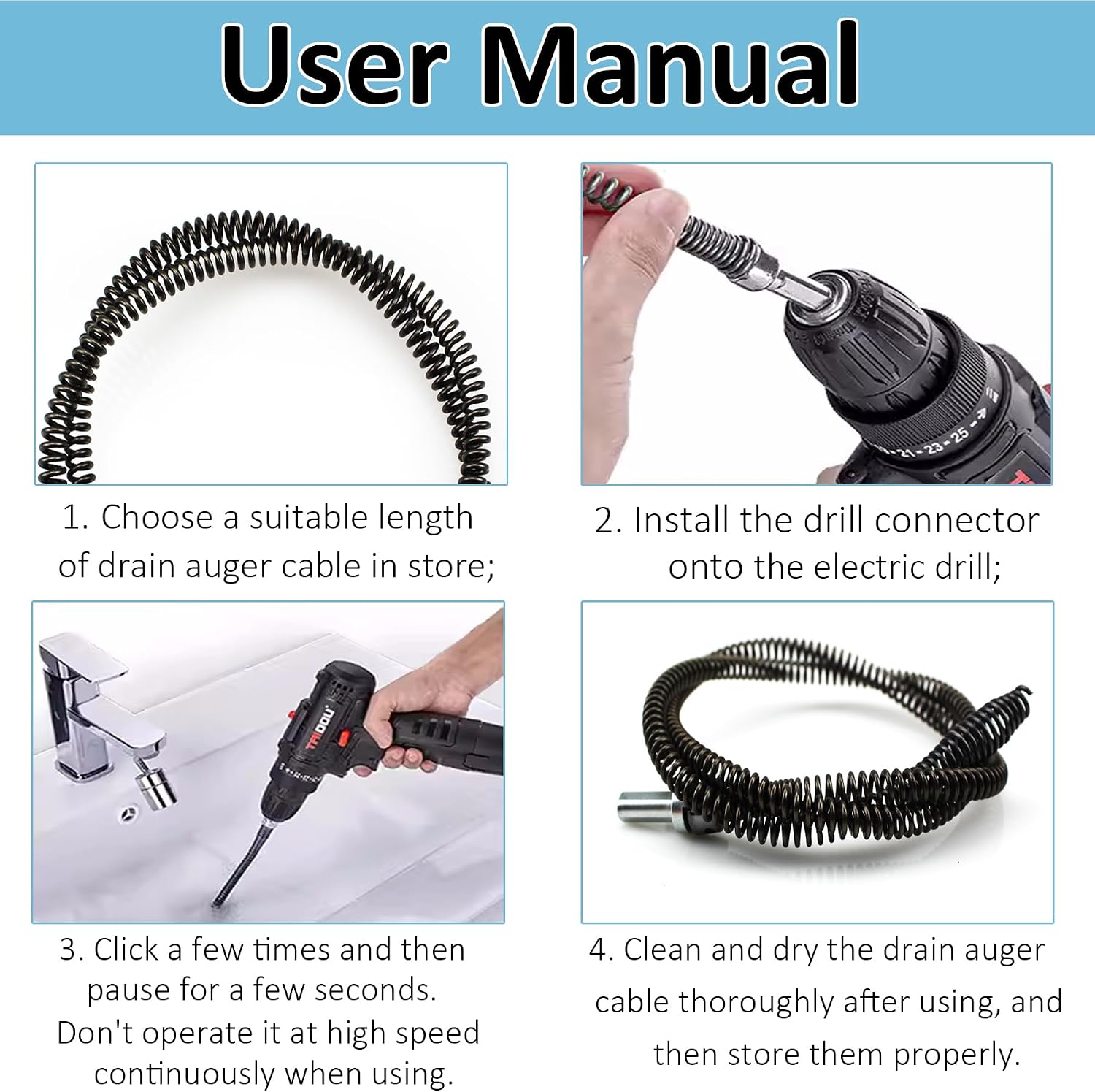 Amonk 6.5Ft Drill Snake for Plumbing Drain Auger Cable with Drill Connector | 10mm Diameter, Flexible&Reusable Plumbing Snake Clog Remover for Kitchen