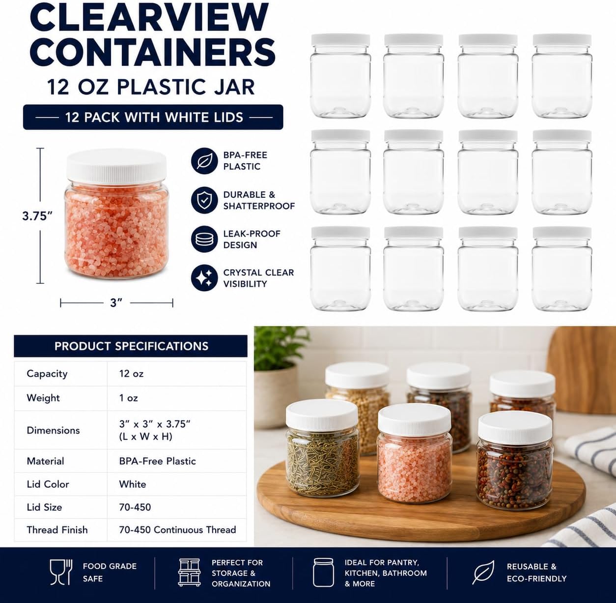 1 Pack - 128 oz (1 Gallon) Plastic Storage Jars with 110-400 Leak Proof Black Lids, Food Grade, BPA Free, Hand Wash Only (128oz, BLK, 1PK)