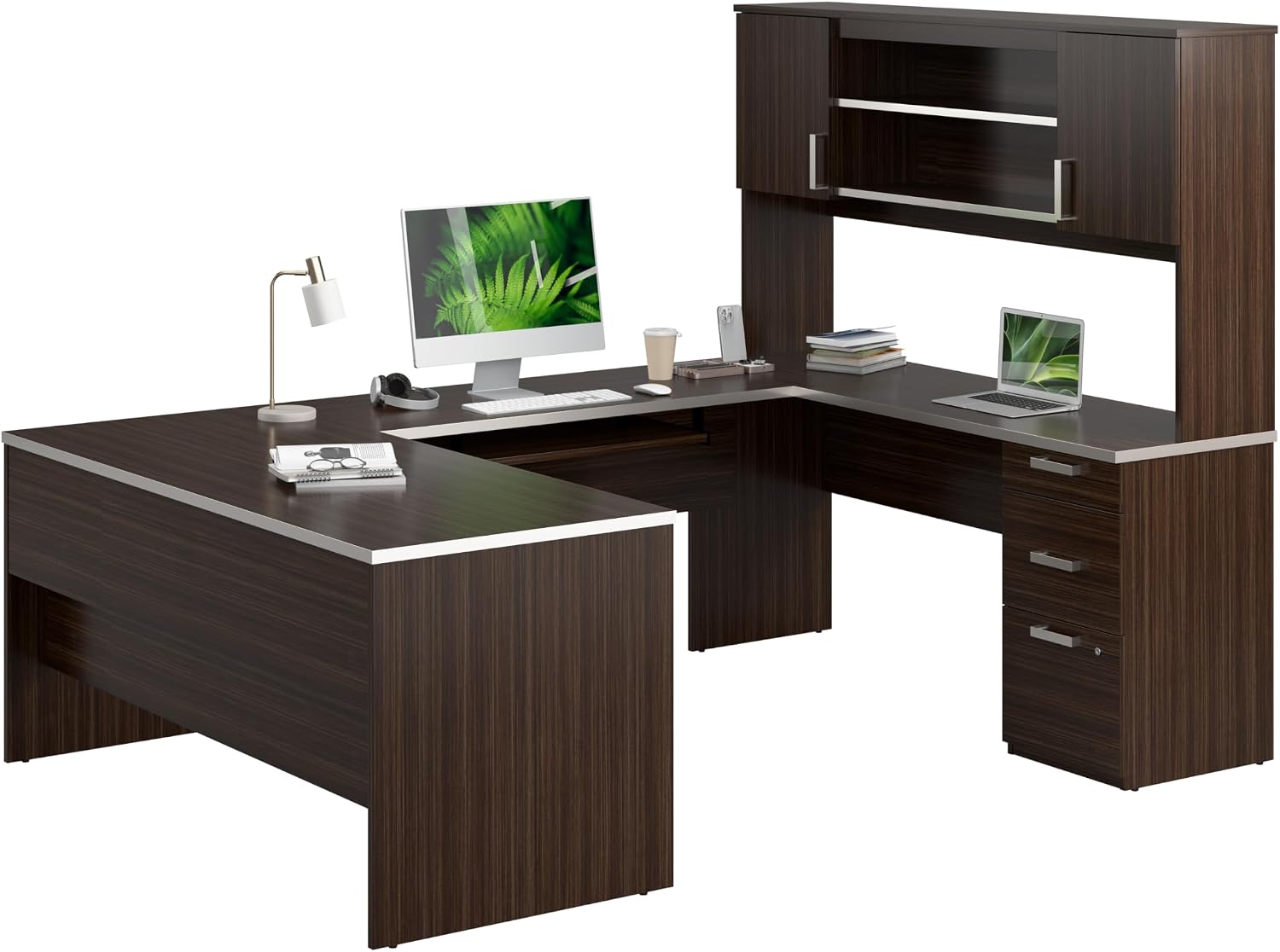 Bestar U Shaped Desk with Drawers, Hutch, and Keyboard Tray, Executive Workstation for Home or Professional Office, 65 Inches, Ridgeley Collection, White Chocolate