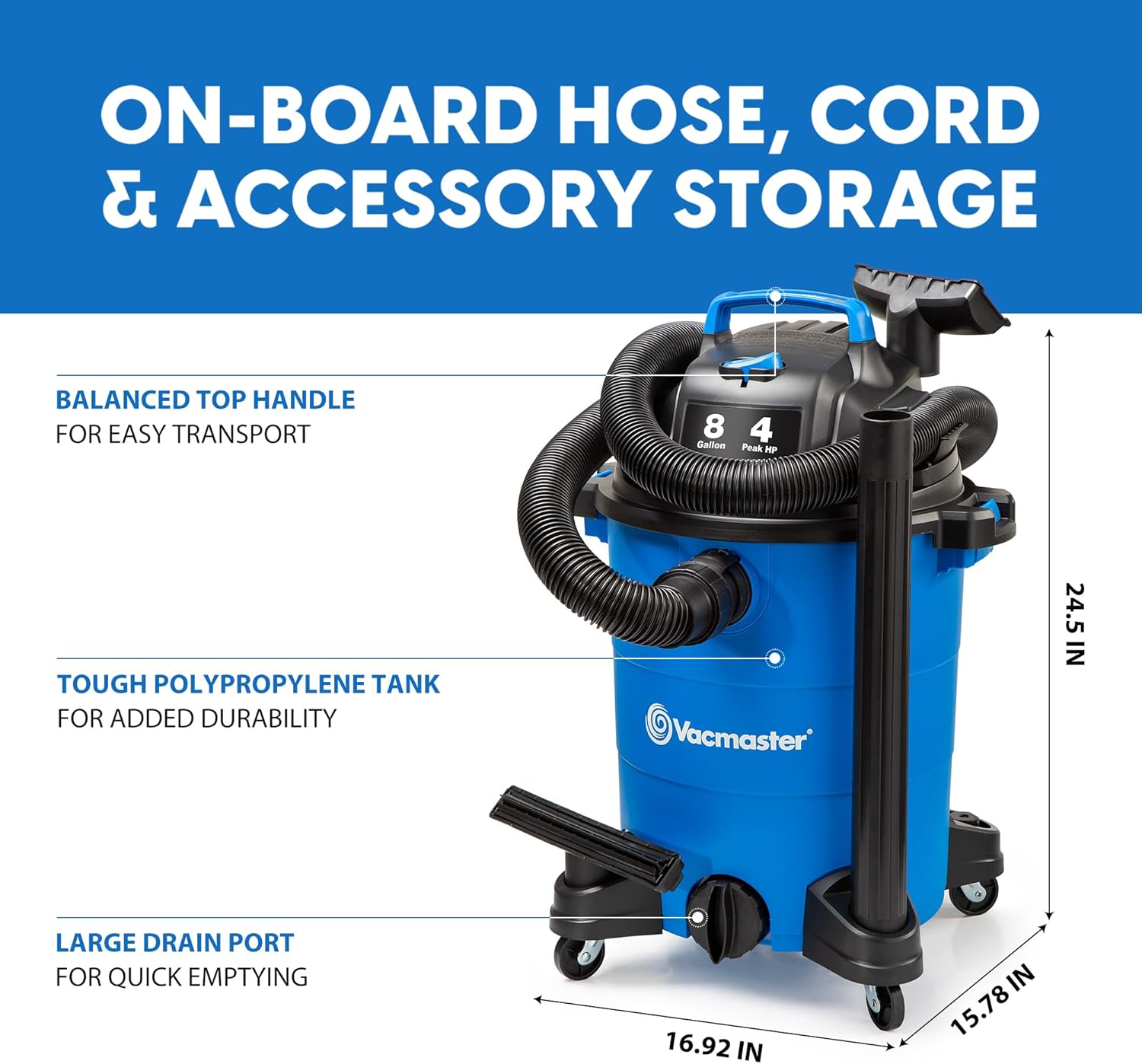 Vacmaster VOC809PF 8-Gal 4 Peak HP Utility Wet/Dry Vacuum Blue