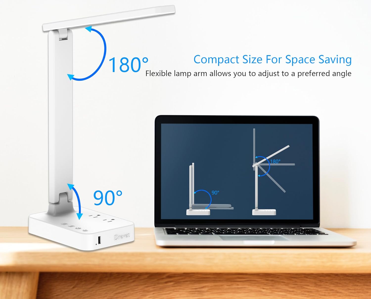 Drevet LED Desk Lamp for College Dorm Room, Desk Light with 1 USB Charging Port 2 AC Power Outlet, 3 Lighting Modes, 3 Level Brightness Touch Lamp