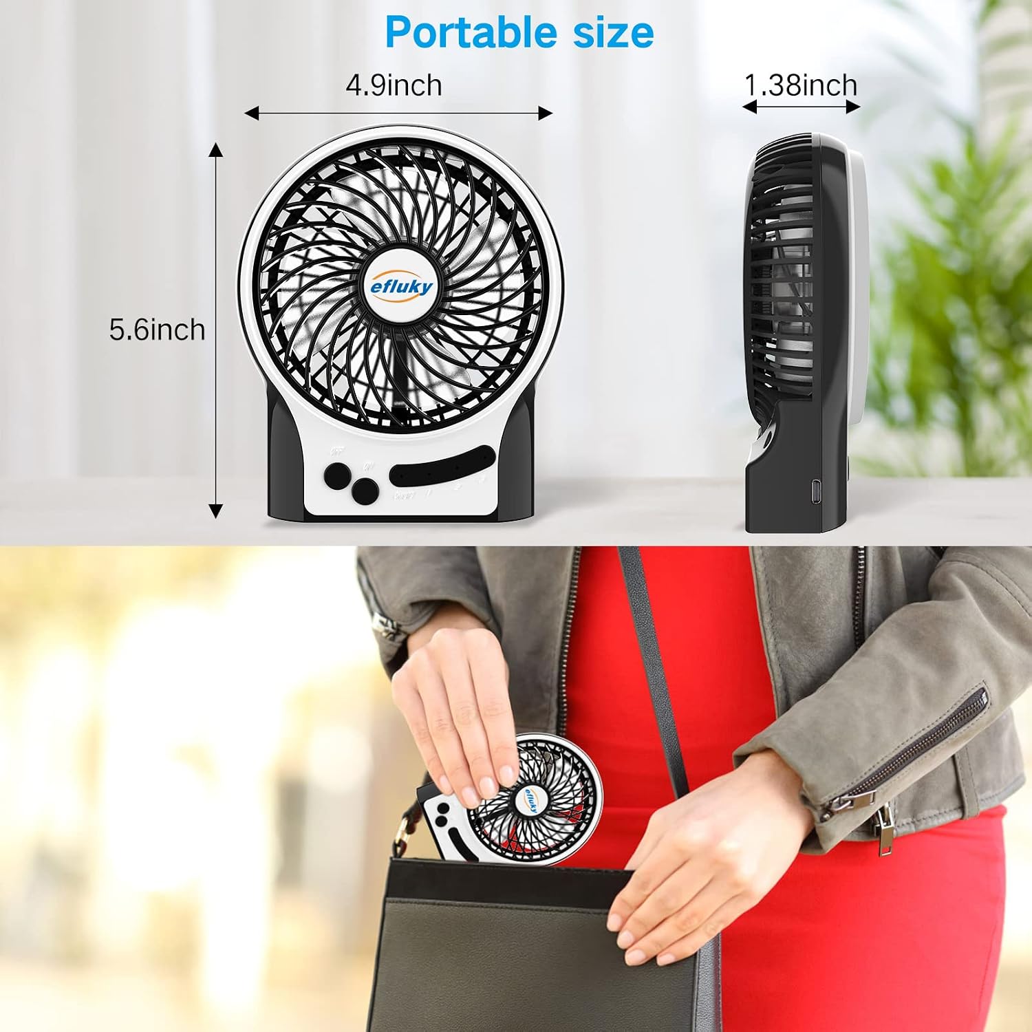 efluky 4.9-Inch Mini Desk Fan - 3 Speeds, Rechargeable Battery/USB Powered with LED Light, Quiet Portable Fan for Home, Office, Travel, Camping (Black)