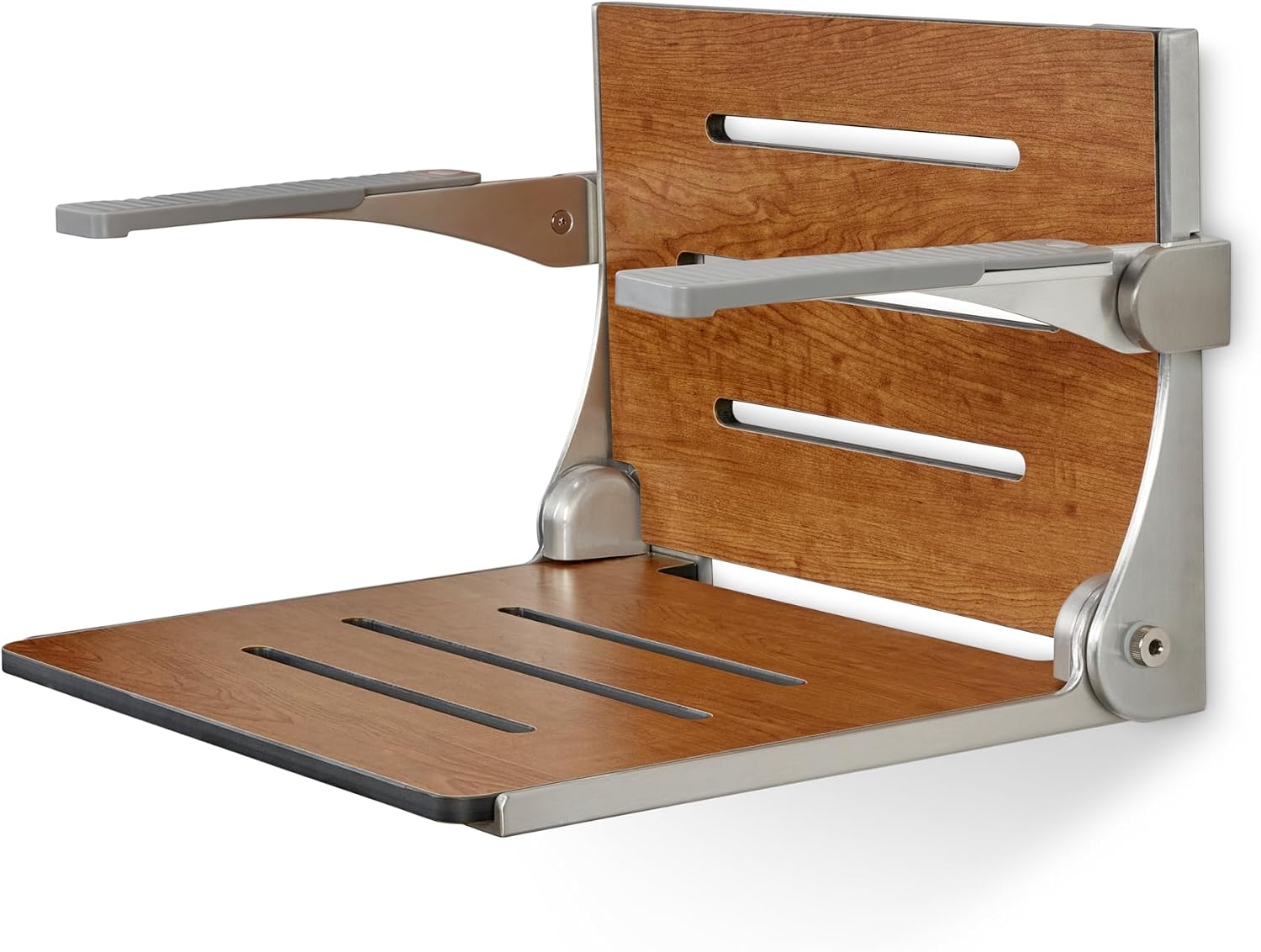 Seachrome Silhouette Comfort Folding Wall Mount Shower Bench Seat with Arms, Teak Seat with Silver Frame