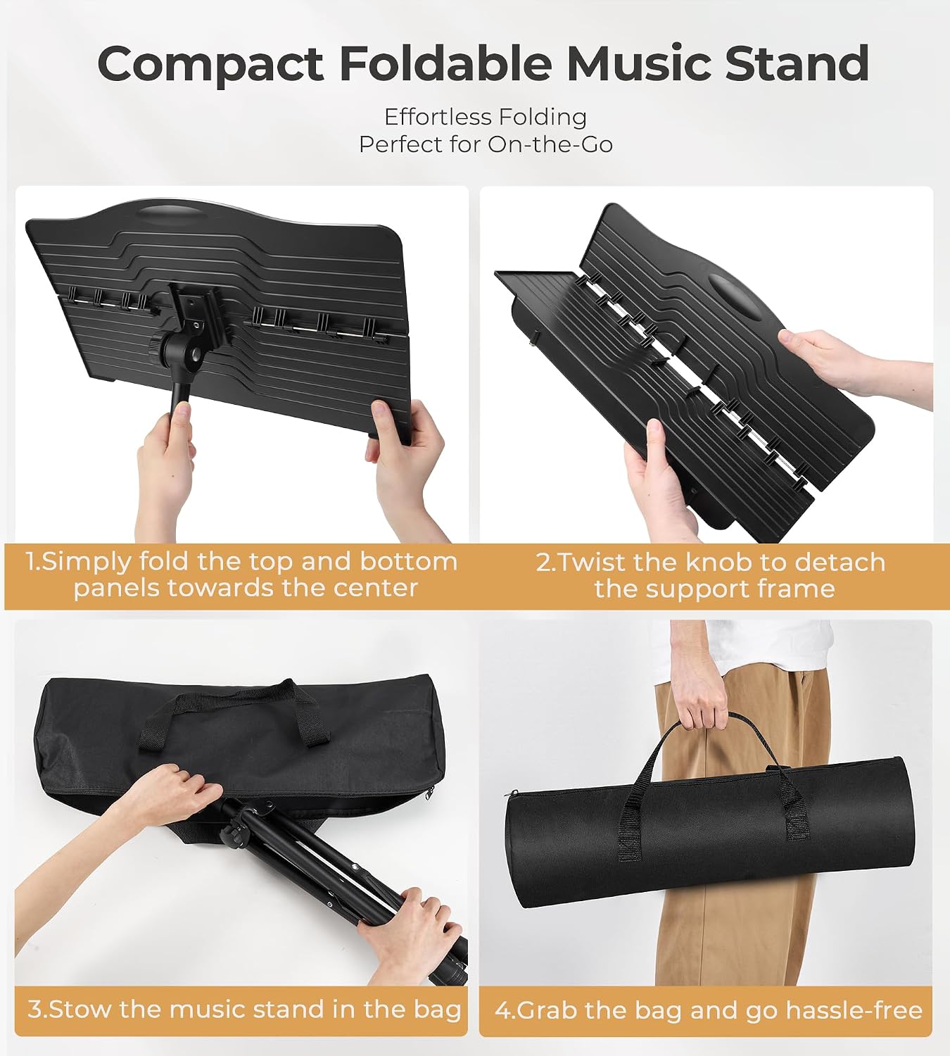 Music Stand, Vangoa Folding Sheet Music Stand with Detachable Microphone Stand & Phone Holder, Portable Lightweight with Music Sheet Clip Holder & Carrying Bag for Instrumental Performance