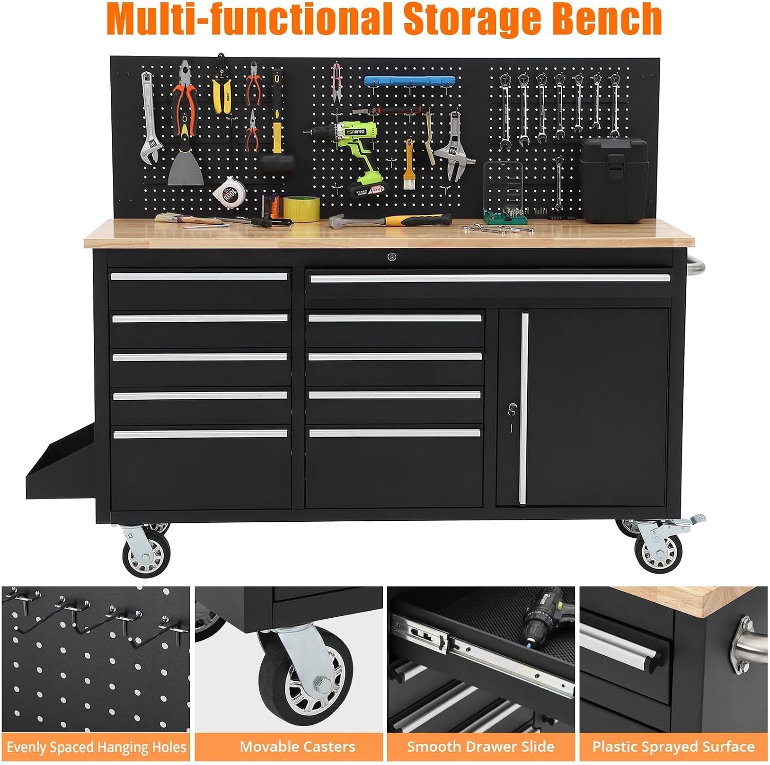 61-Inch Rolling Tool Chest with 10 Drawers & Power Strip, Solid Rubber Wood Top, 1675 LBS Load Heavy Duty Mobile Workstation, Locking System and Drawer Liners for Garage Warehouse Shop, Black
