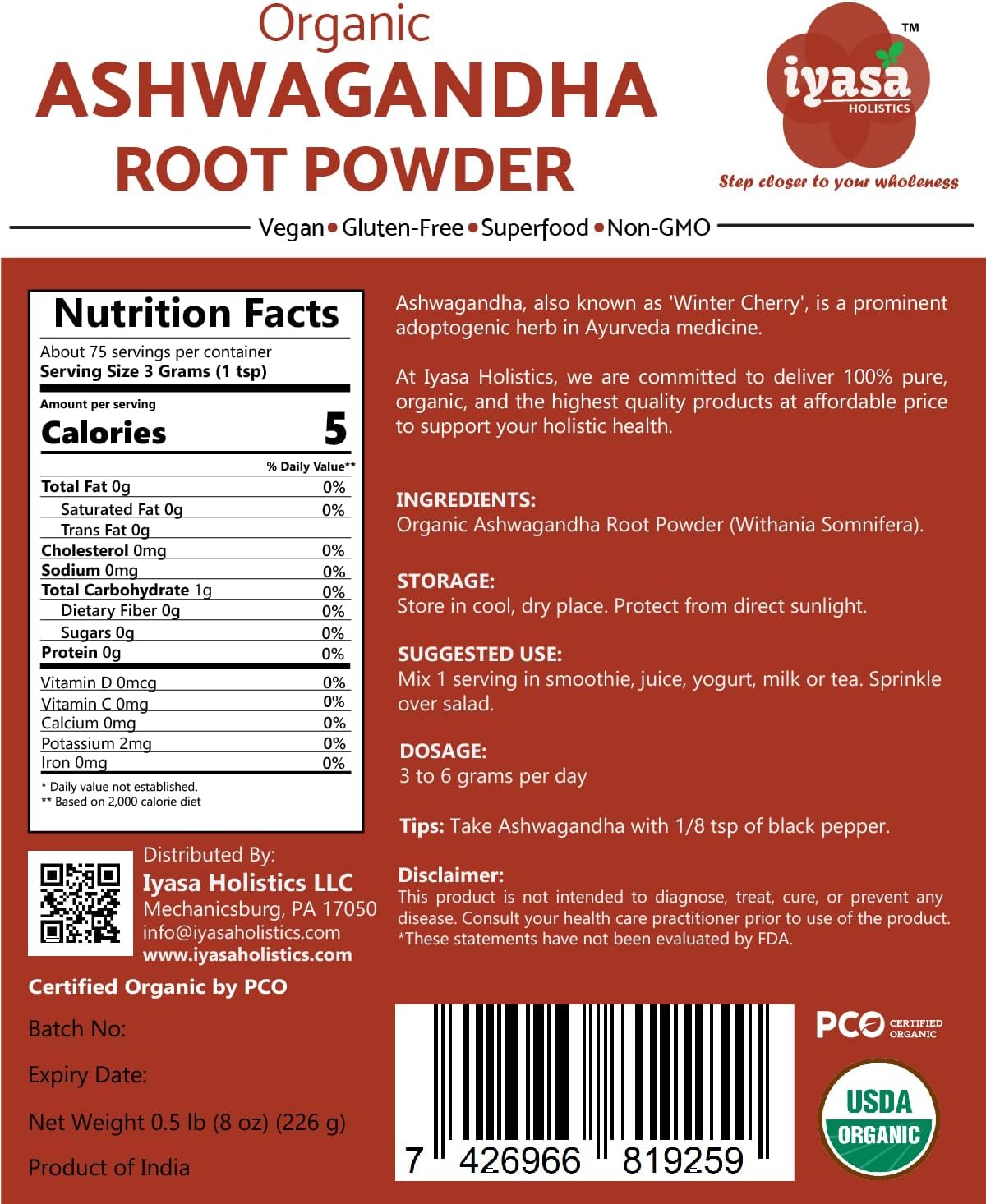Iyasa Holistics Organic Ashwagandha Powder 16 oz – Natural Superfood Powder to Support Calm