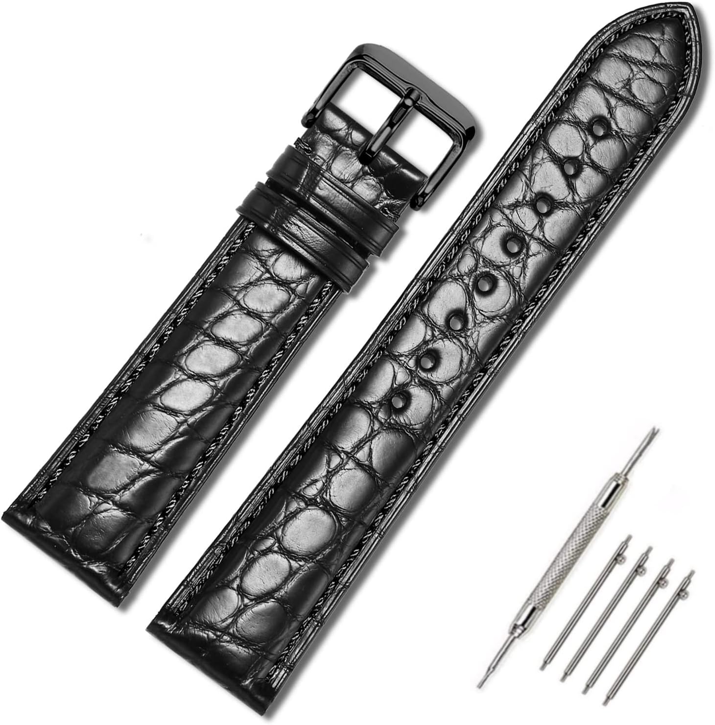 Moran Genuine Leather Watch Band 18mm 19mm 20mm 21mm 22mm 23mm 24mm Calf Grain Watch Strap for Men and Women 18mm Black-Silver Buckle