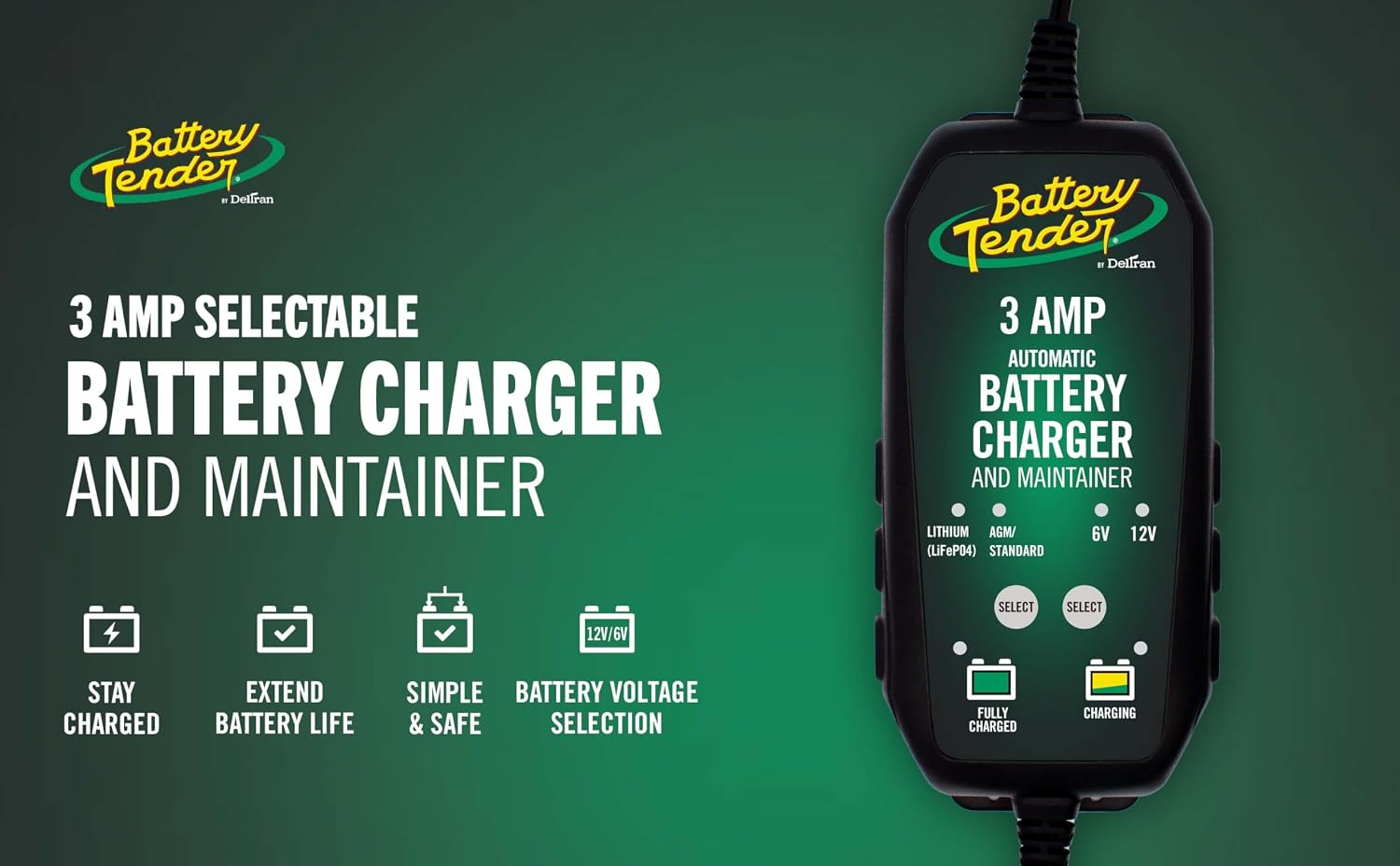Battery Tender 3 AMP Battery Charger and Maintainer - Automotive Switchable 12V or 6V Smart Automatic for Cars SUVs and Trucks - Lead Acid, AGM, Gel