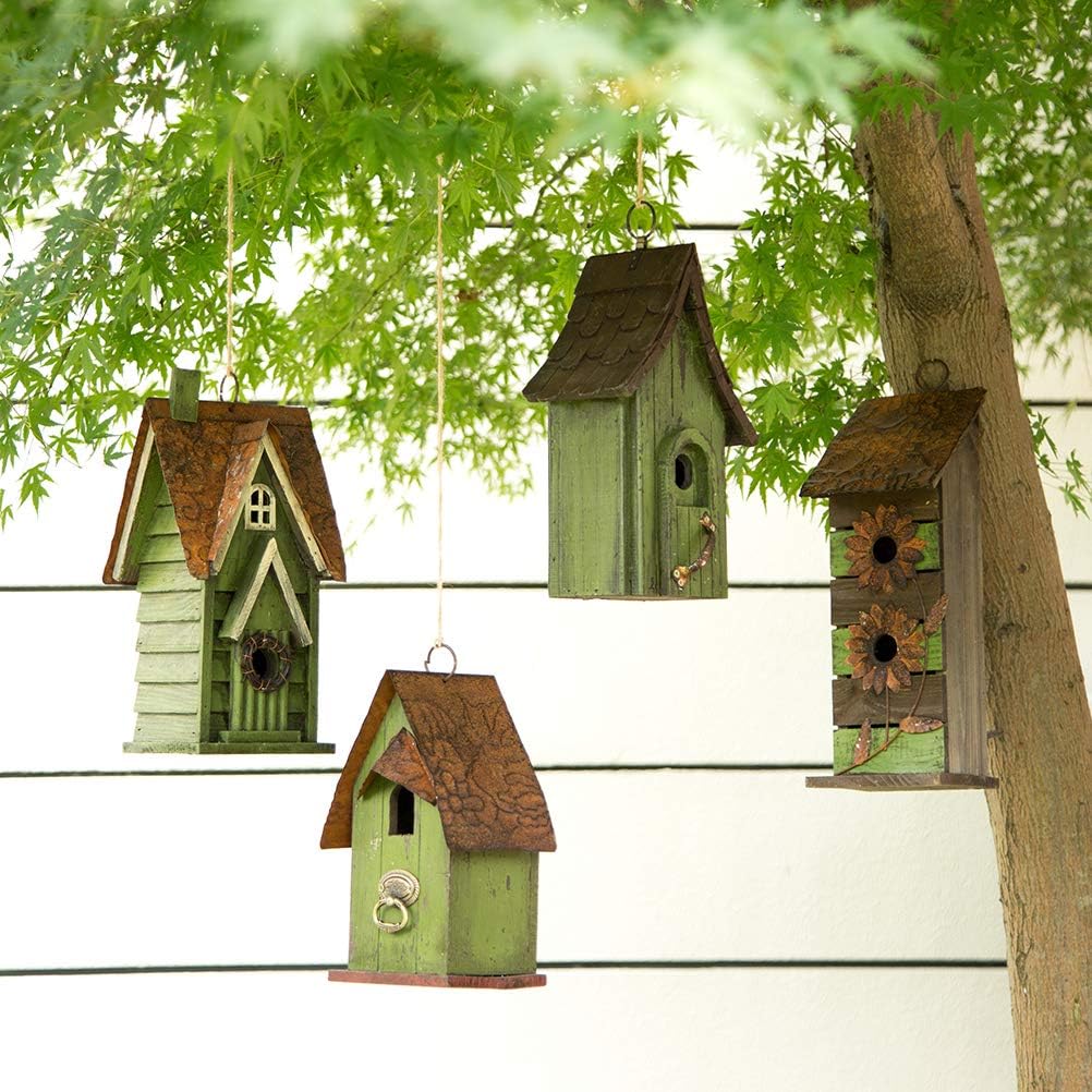 Glitzhome Bird Houses for Outside,10" H Rustic Wooden Bird House Garden Distressed Decorative Birdhouse for Outdoors, Hanging Birdhouse for Bluebird Hummingbird Wren Finch Cardinals Cedar