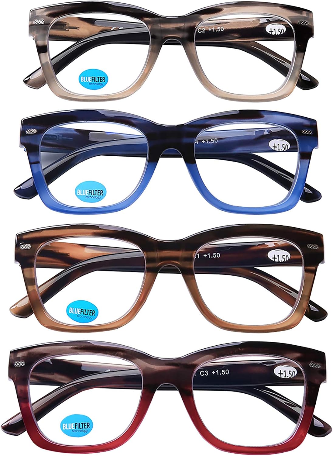 AQWANO Oversized Computer Reading Glasses Blue Light Blocking, 4 Pairs Stylish Fashion Design Anti UV Ray/Eye Strain/Glare Readers Men Women, 1.5