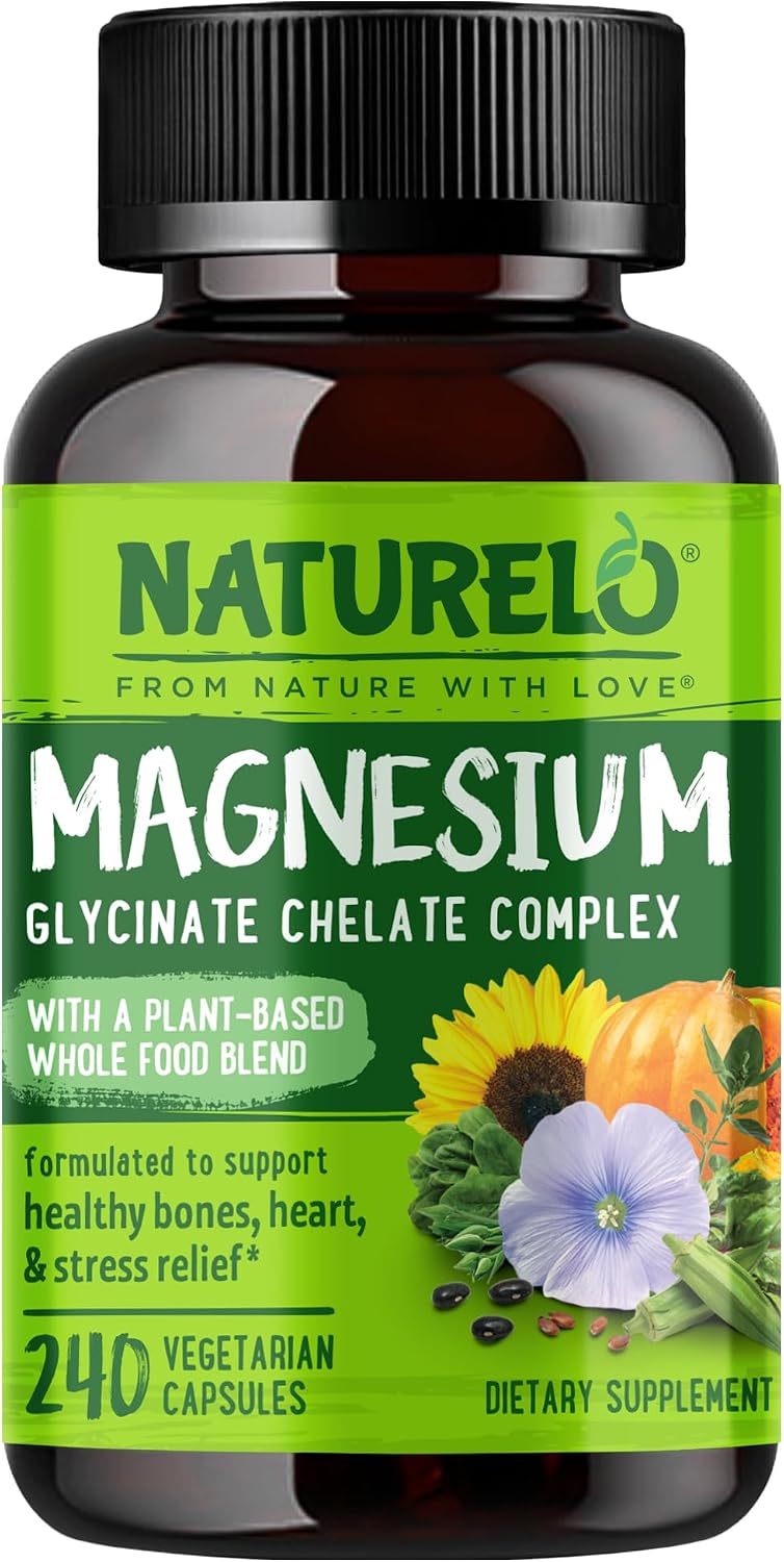 NATURELO Magnesium Glycinate Chelate Complex - 200 mg Magnesium, 120 Count | Support Sleep, Calm, Muscle Cramp & Stress Relief, Gluten Free, Non GMO, with Organic Vegetables