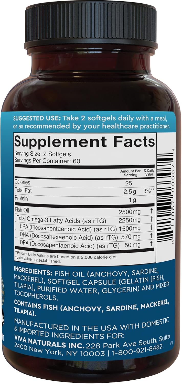 Viva Naturals Triple Strength Omega 3 Fish Oil Pills – 2500 mg High-Potency Formula with 2250 mg Omega 3 Fatty Acids (Including EPA, DHA, DPA) in rTG Form for Absorption – IFOS Certified, 90 Softgels