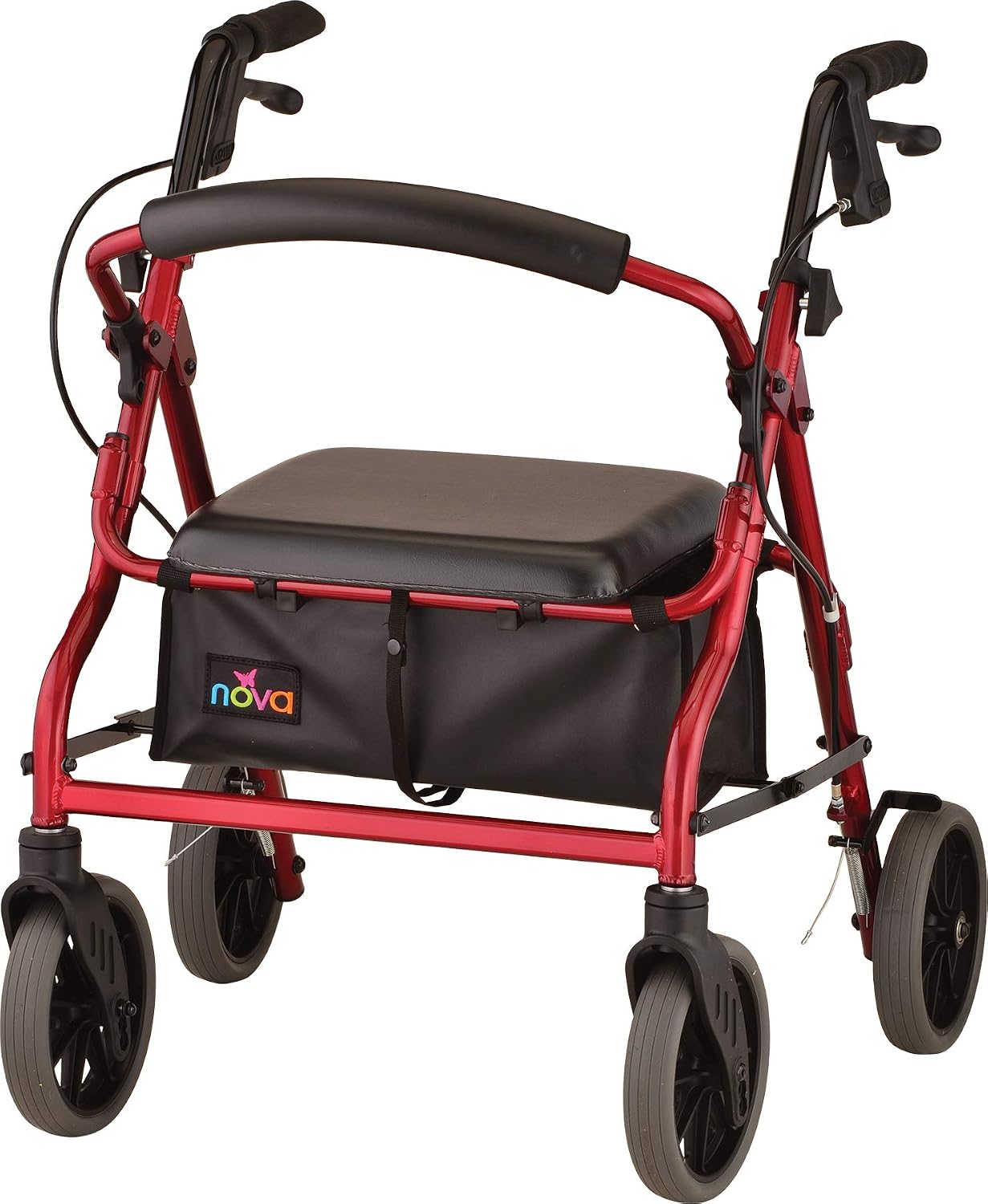 NOVA Zoom 22 Rollator Walker for Seniors, Rolling Walker with Locking Hand Brakes, Padded Seat & 8" Wheels, Lock N Load for Easy Transport & Storage, Adjustable Height 5'5"–6'1", Red