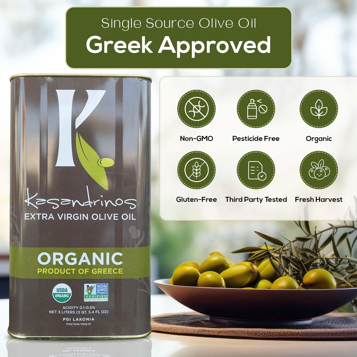 Kasandrinos Organic Olive Oil Extra Virgin, Polyphenol Rich Greek Olive Oil, 100% Organic First Cold Pressed, Mild + Delicate Flavor, Verified by Non GMO, 500 ml / 16.9 oz