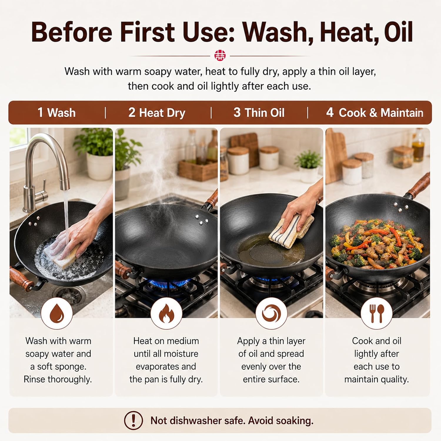 WANGYUANJI 12.6 Inch Cast Iron Wok with Wooden Lid, Handcrafted Flat Bottom Chinese Stir Fry Pan, Uncoated Heavy-Duty Iron Wok for Induction, Gas