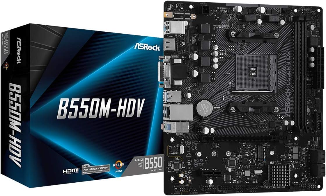 ASRock B550M-HDV Socket AM4 Micro-ATX Motherboard, Supports AMD Ryzen 5000/4000/3000 Series Processors, DDR4 4733+(OC), PCIe 4.0, Gigabit LAN