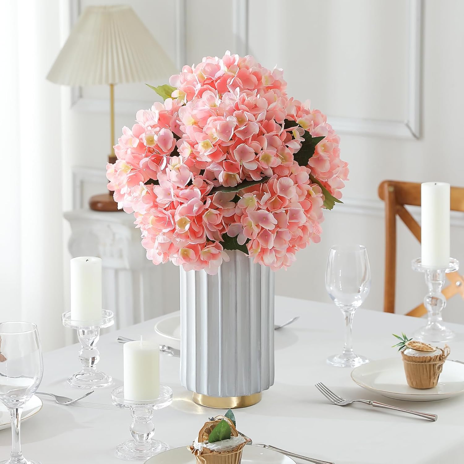 Kisflower 6pcs White Hydrangea Artificial Flowers - Faux Hydrangea Flowers, Fake Silk Flowers for Table Centerpiece