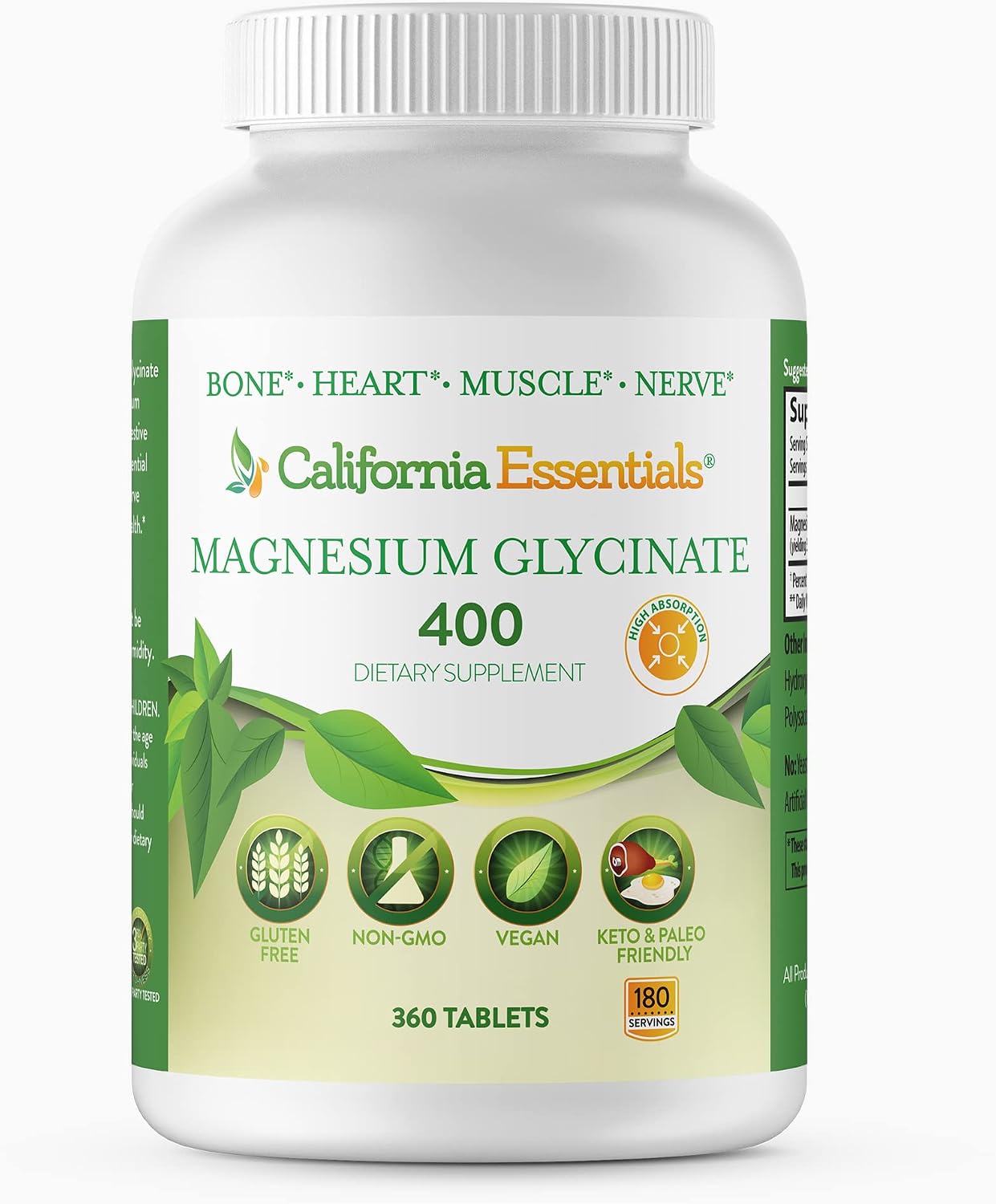 Magnesium Glycinate 400 - Chelated, High Absorption Magnesium for Muscle Relief, Bone & Heart Support -Vegan, Non-GMO, Gluten-Free 240 Tablets (Servings 120, Serving Size (2) 200mg Tablets)