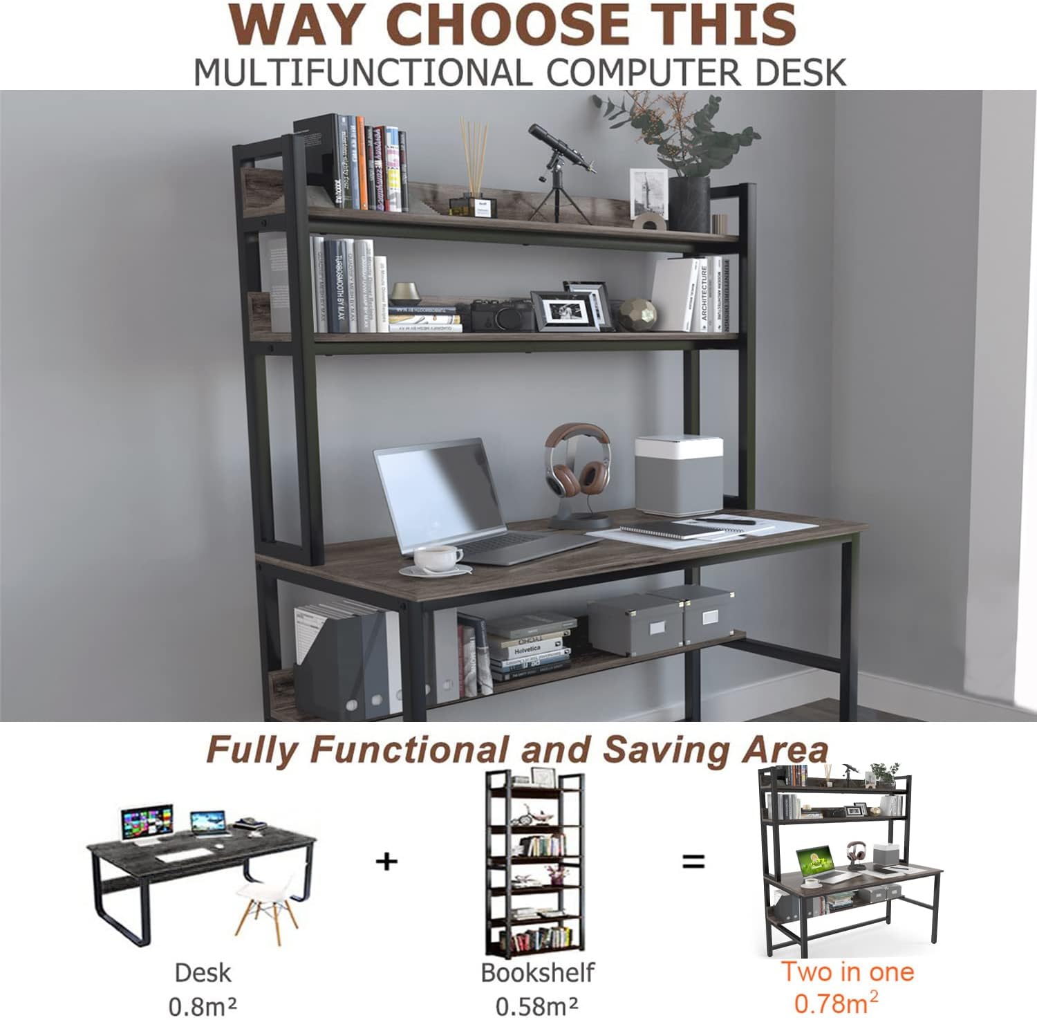 Aquzee Computer Desk with Shelves, 47" W x 23.6" D Gaming Desk with Hutch and Bookshelf