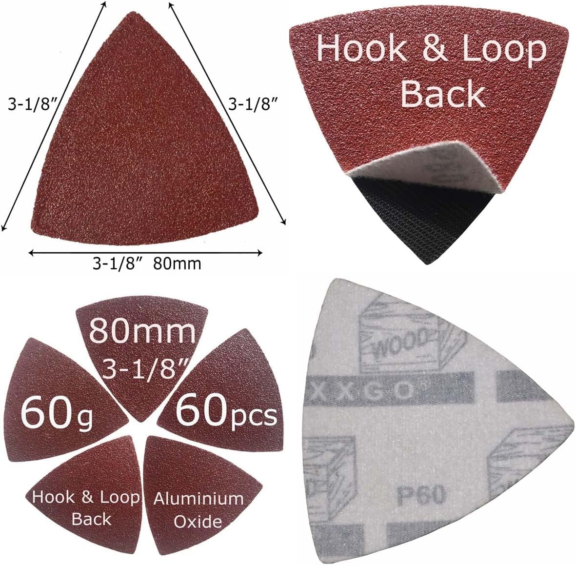 XXGO 55 Pcs 80mm 3-1/8 Inch Triangular Oscillating Multi Tool Sanding Pads | Assorted Grit , Hook & Loop Design , Strong Velcro , Best for Metal Wood Sanding