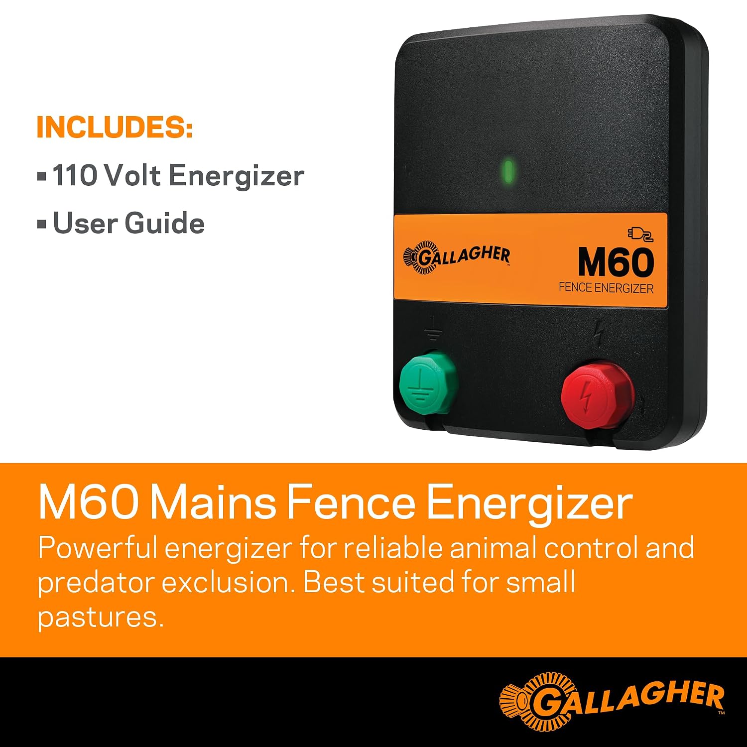 Gallagher M60 Electric Fence Charger | 110V Plug-in Energizer for Up to 20 Acres or 5 Miles | Low-Impedance Fencer for Livestock, Poultry