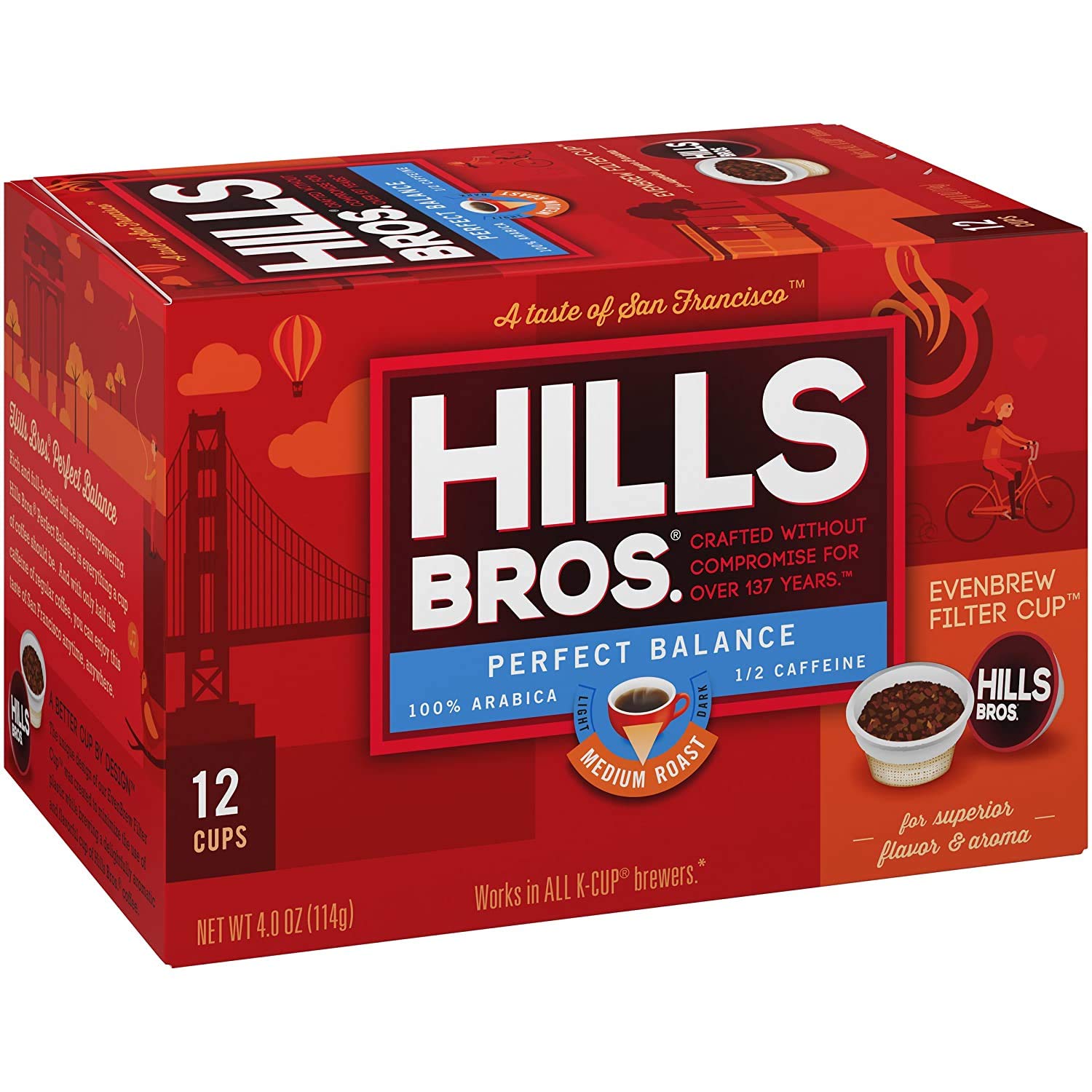Hills Bros Single Serve Coffee Pods, 100% Colombian Ground Coffee, Medium Roast, 12 Count – Keurig Compatible, Roasted 100% Arabica Beans, Smooth Balanced Flavor