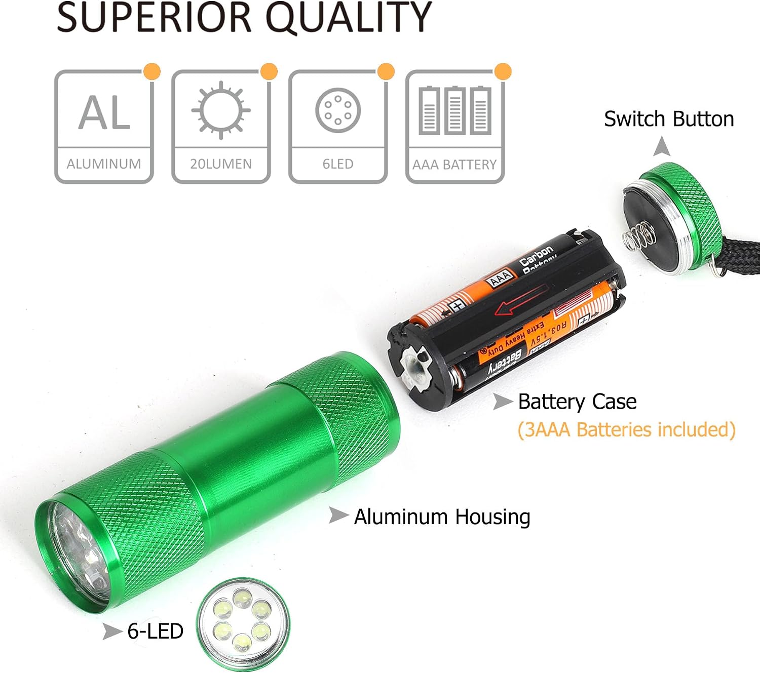 FASTPRO 20-Pack Aluminum 6-LED Flashlights Set with AAA Batteries Included | Mini Flashlights with Lanyard, Flashlights Bulk, Holiday Gifts