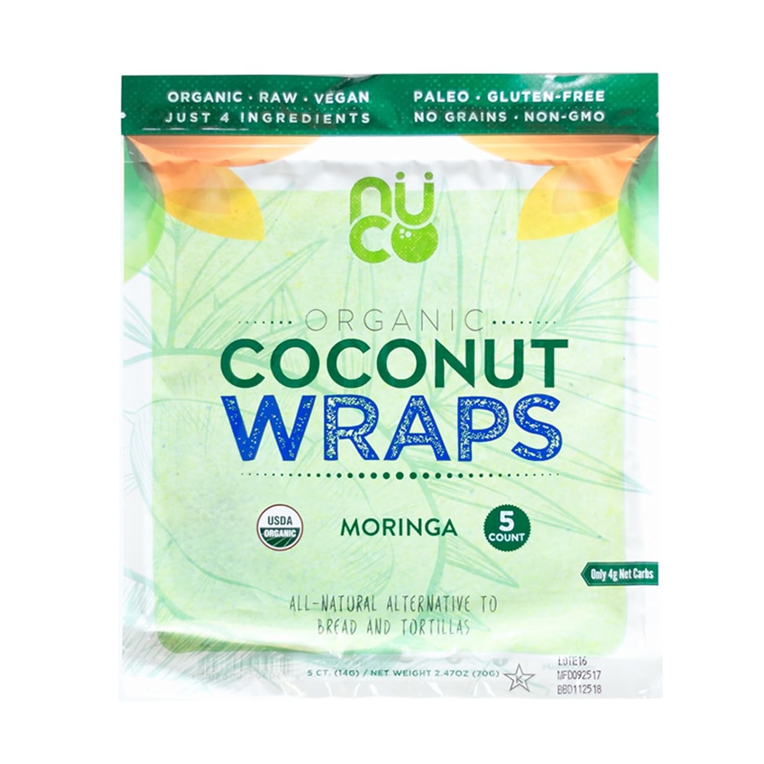 NUCO Organic Coconut Wraps, Moringa - Gluten Free, Low Carb, Vegan, 5 Ct | Paleo, Non-GMO, Dairy-free, Kosher, No Salt Added, Yeast-free
