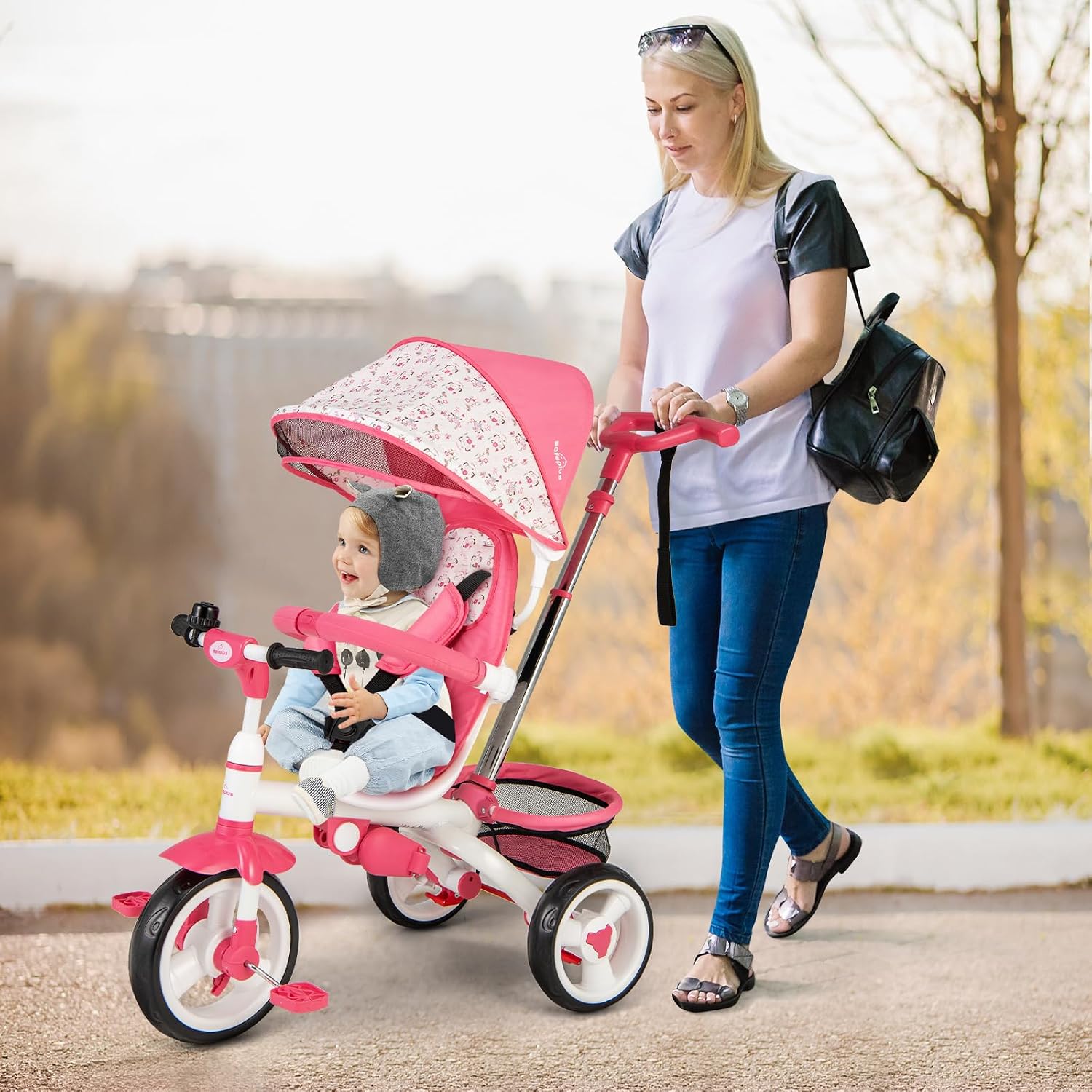 Costzon Tricycle for Toddlers, 6 in 1 Trike w/Parent Handle, Adjustable Canopy, Storage, Safety Harness & Wheel Brakes, Baby Push Tricycle Stroller for Kids Boys Girls Aged 9 Month-5 Years Old, Blue