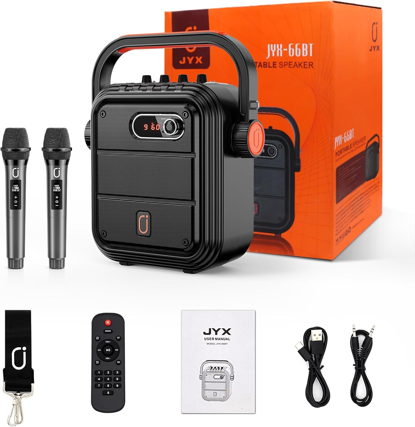 JYX Karaoke Machine with 2 Wireless Microphones, 5200mAh Portable Speaker Set Bluetooth 5.0 Rechargeable PA System with TWS, FM, REC
