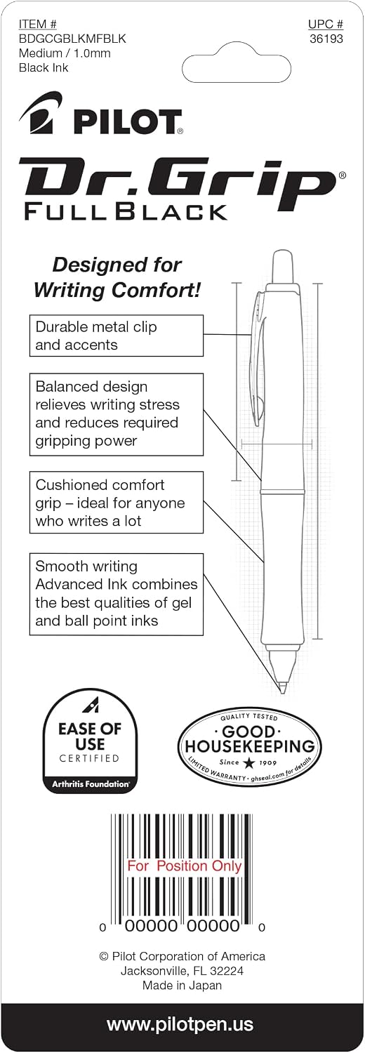 PILOT Dr. Grip FullBlack Ballpoint Pen, Black Ink, Single Pen
