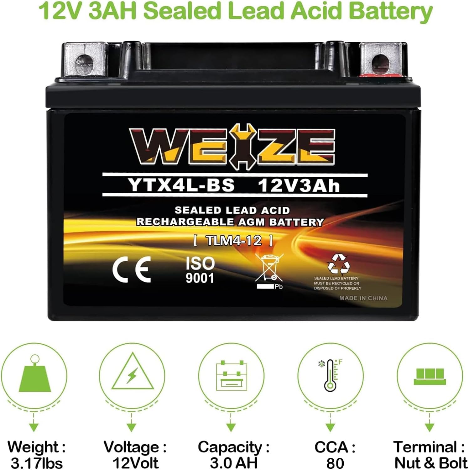 Weize YTX14 BS ATV Battery High Performance - Maintenance Free - Sealed AGM YTX14-BS Motorcycle Battery compatible with Honda Suzuki Kawasaki Yamaha scooter snowmobile