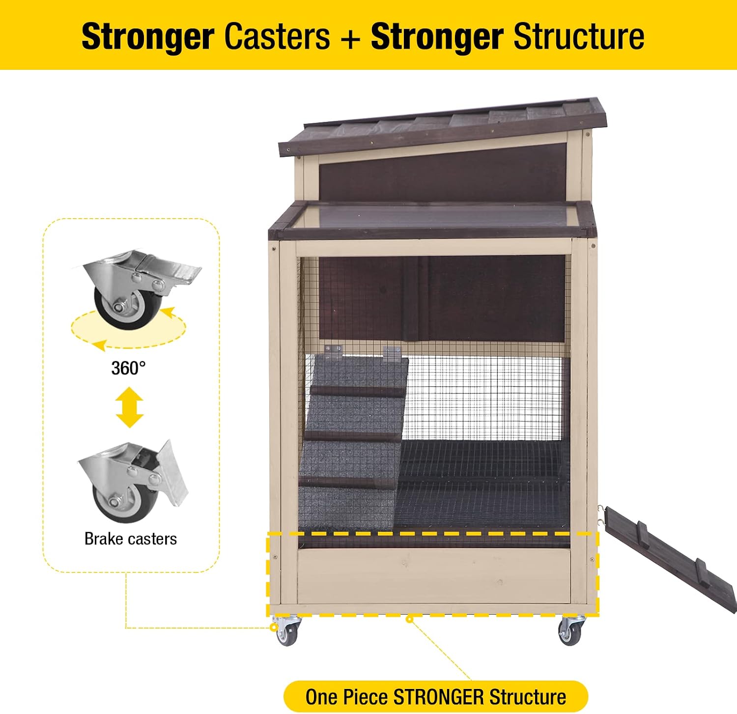 Aivituvin Upgrade Rabbit Cage Indoor Bunny Hutch with Run with Two Deeper No Leak Trays - 4 Casters Include for Outdoor (Coffee)
