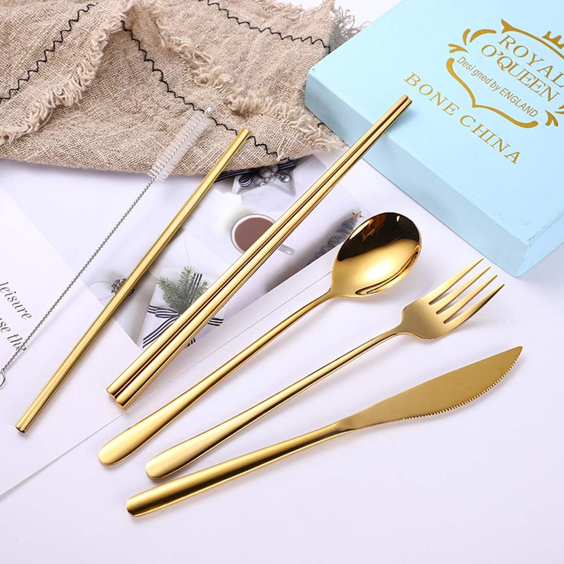 AARAINBOW 6 Pieces 18/8 Stainless Steel Flatware Set Portable Reusable Cutlery Set Travel Utensils Set Including Chopsticks Knife Fork Spoon Straws