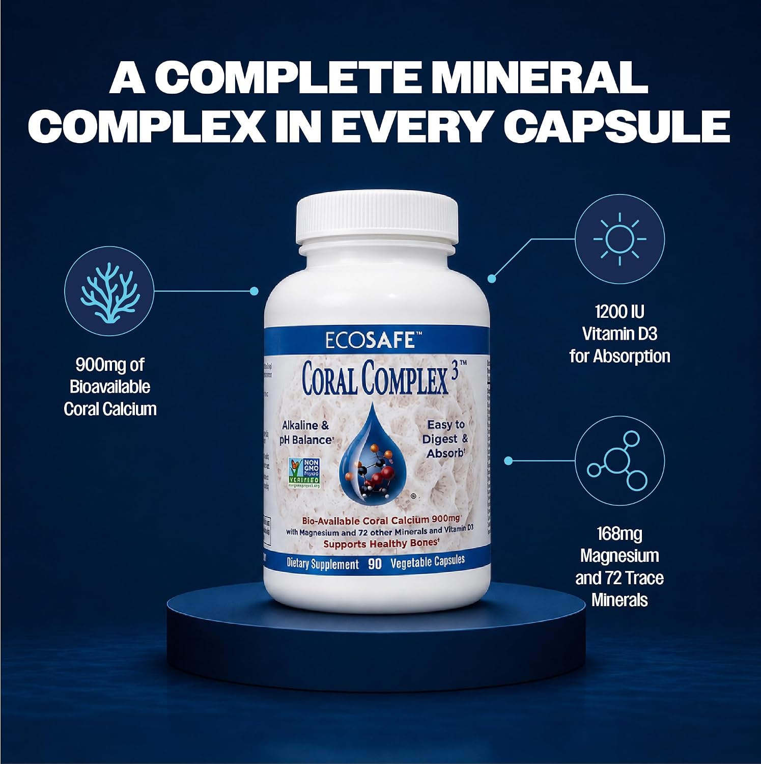 Coral Complex 3 Calcium Supplement Vitamin D3 & Magnesium – 900 mg Bioavailable Coral Calcium for Bone Strength, Joint Support & pH Balance – Trace Minerals, Non-GMO, 300 Veg Capsules