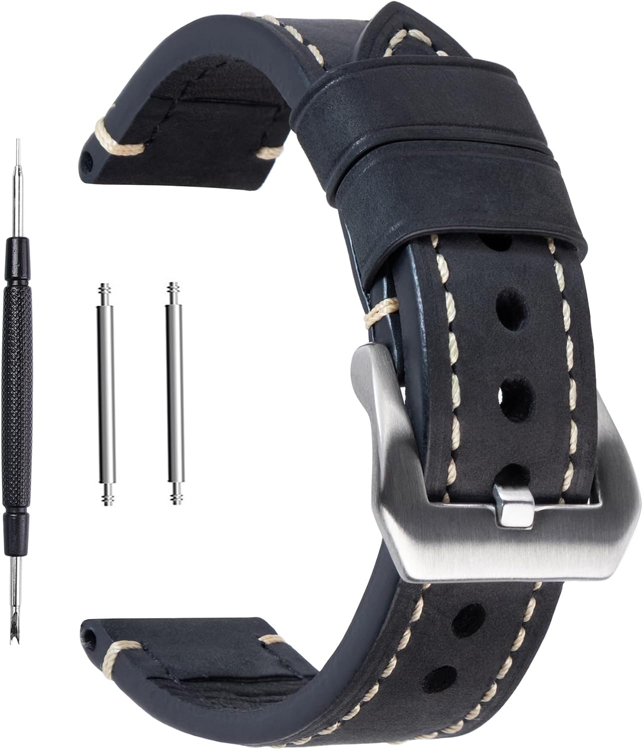 Dark Brown 22mm Genuine Leather Wristwatch Watch Band Oil Tan Vintage Strap for Men with Stainless Buckle