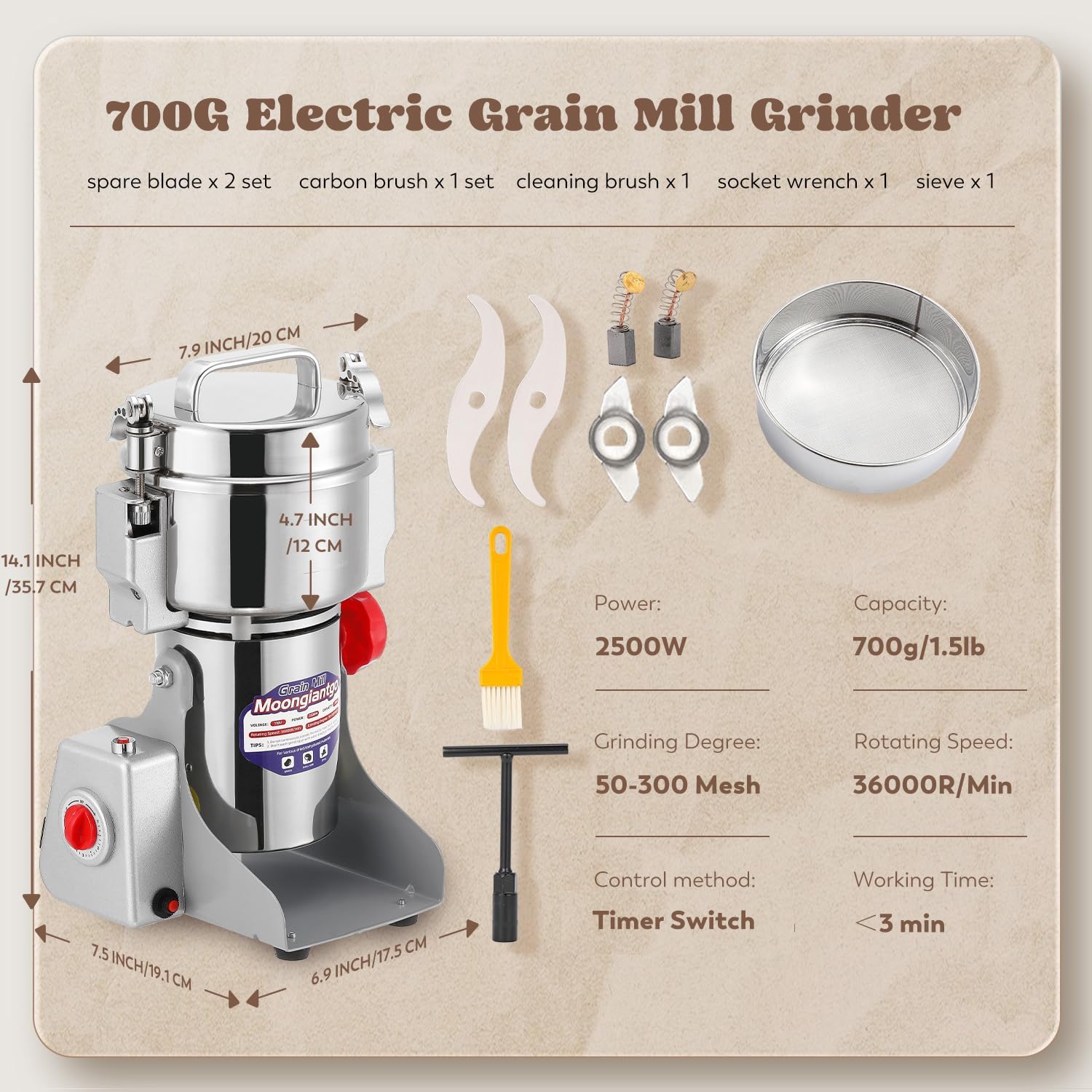Moongiantgo Grain Mill Grinder Commercial Spice Grinder, 2500g Swing, 110V