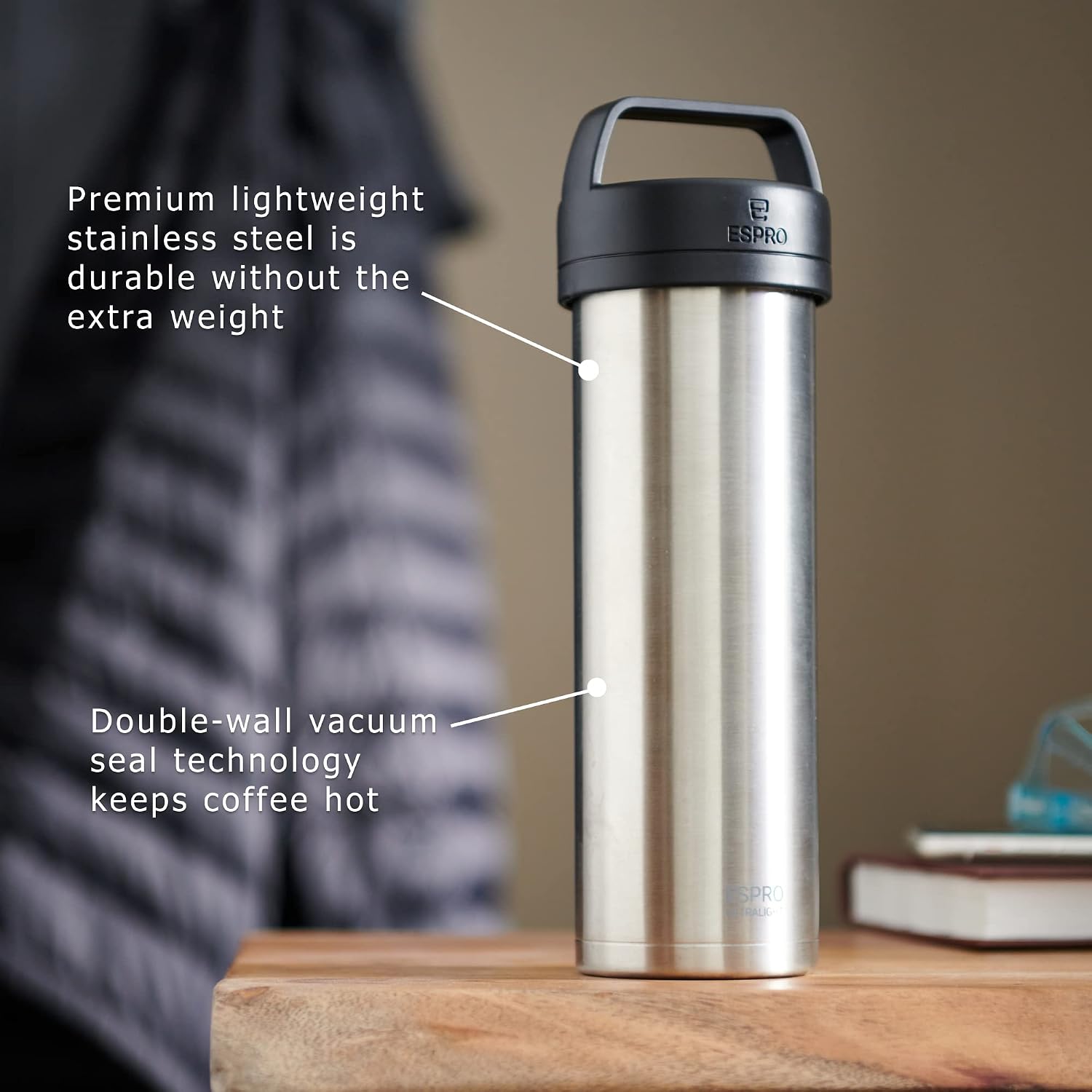 ESPRO Go P0 Ultralight French Press Coffee Maker for Travel, Vacuum Insulated Stainless Steel, 16 Ounces, Matte Meteorite Black