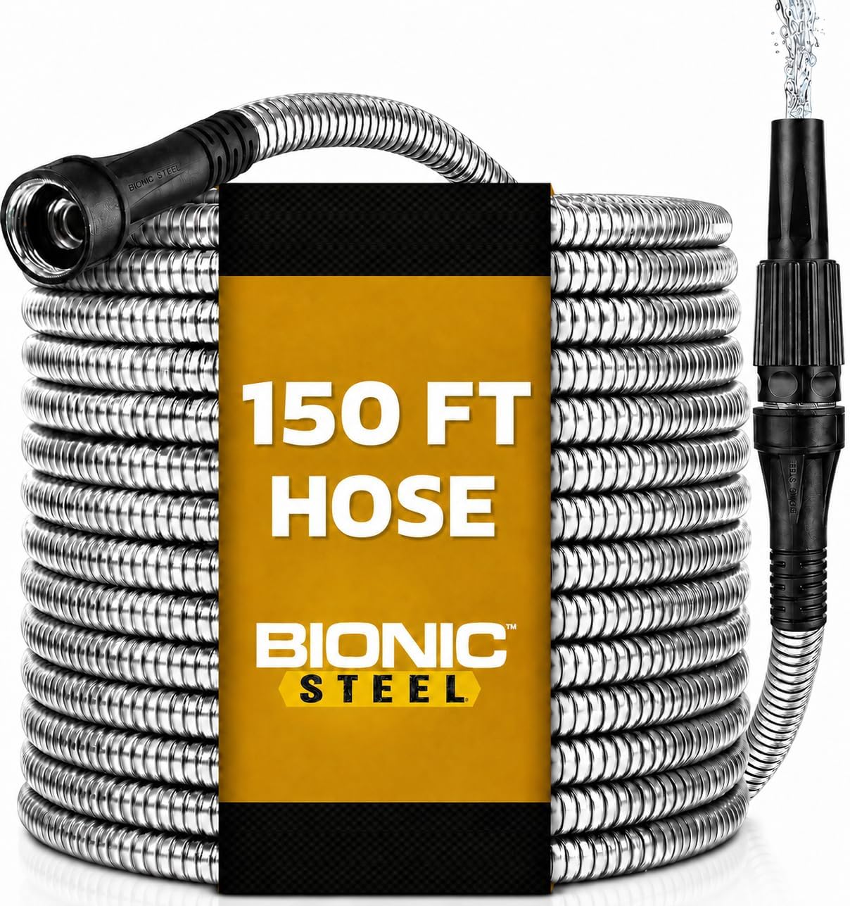 BIONIC STEEL 50 Ft Metal Garden Hose with Sprayer Nozzle | Non Kinking Design, Stainless Steel Heavy Duty Water Hose 50Ft x 5/8 in. Flexible & NON Expandable for Water Flow, 500 PSI