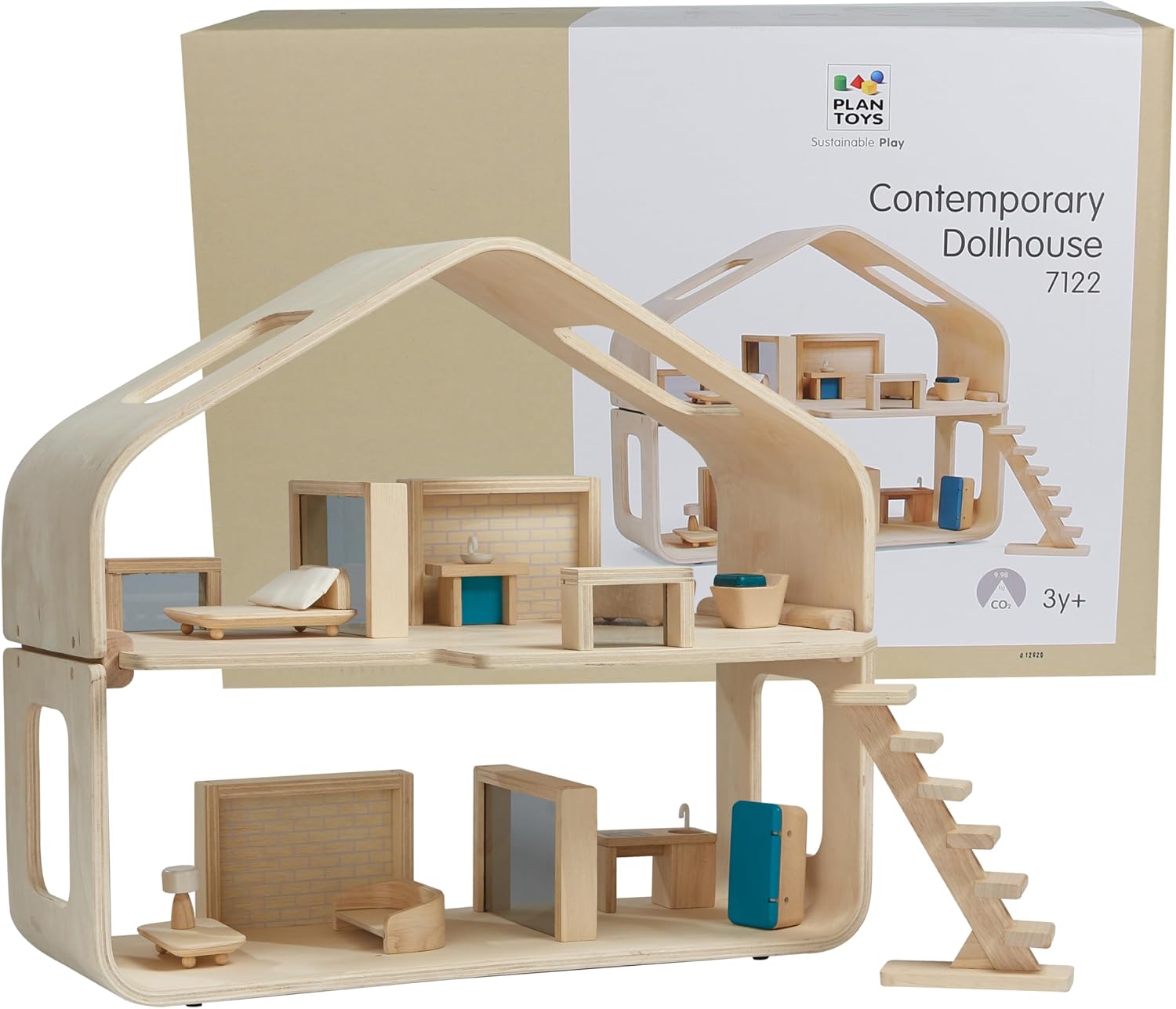PlanToys® Green Wooden Dollhouse with Solar Panel, Wind Turbine & Furniture | recycling system, eco-friendly doll house, sustainable pretend play, kids, girls, environmental learning gift for boys